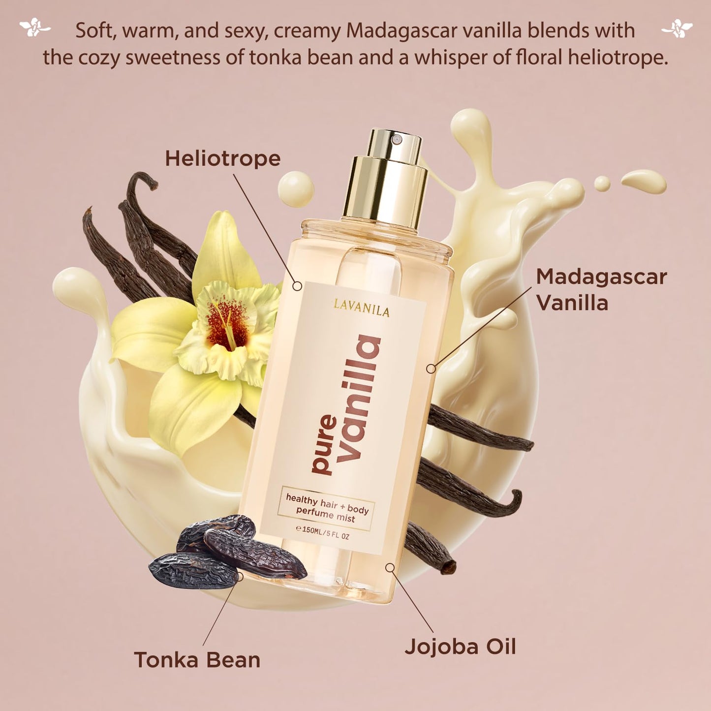 Lavanila Pure Vanilla Healthy Hair + Body Perfume Mist, 5 Fl Oz - Sweet & Warm Fragrance Spray Formulated with Jojoba Oil, Madagascar Vanilla, Tonka Bean, Heliotrope