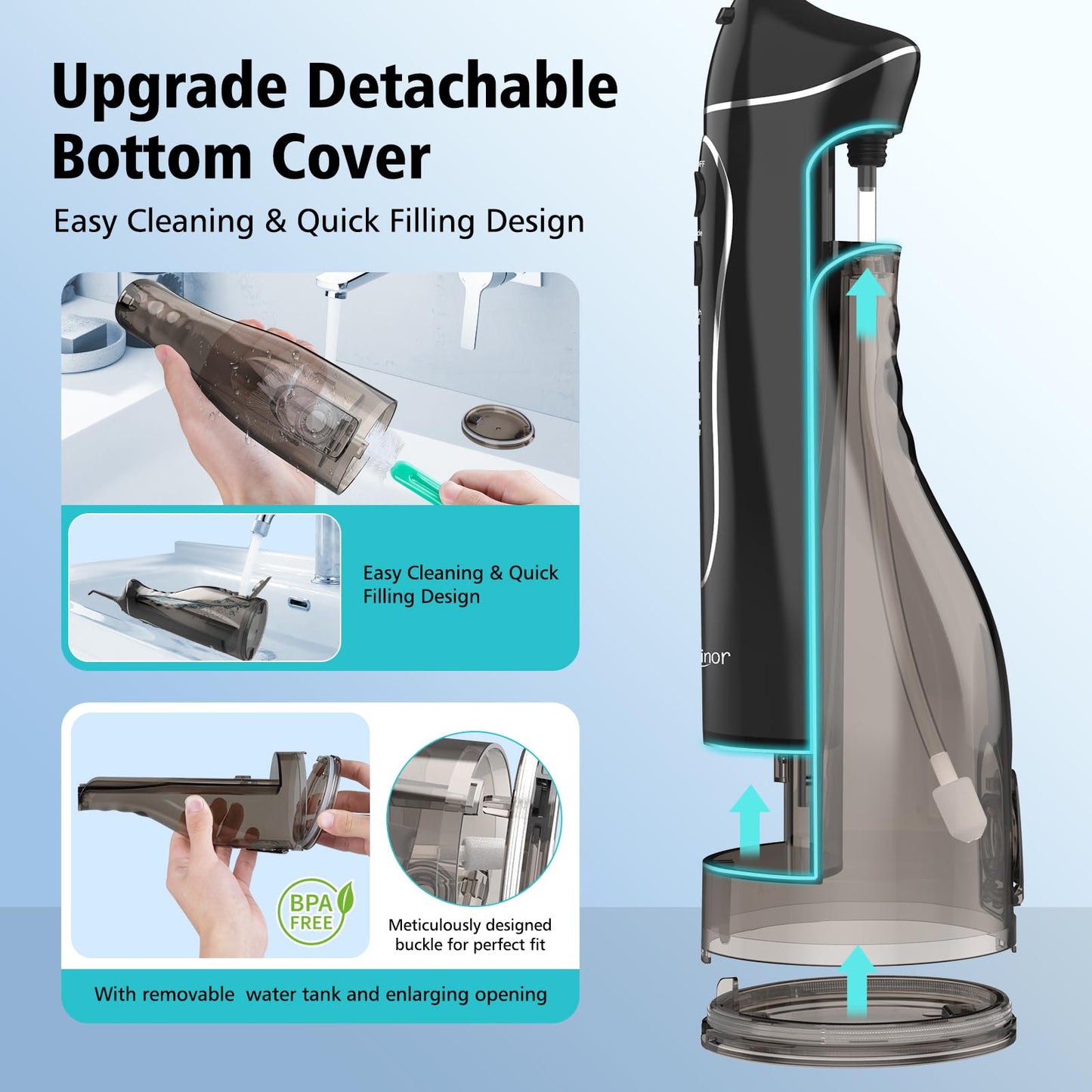 Leominor Water Dental Flosser Pick for Teeth, 300ML Portable Oral Irrigator Upgraded Tank Removable,IPX7 Waterproof, Rechargeable Travel Teeth Cleaner, Professional Electric Flossing Machine (Black)