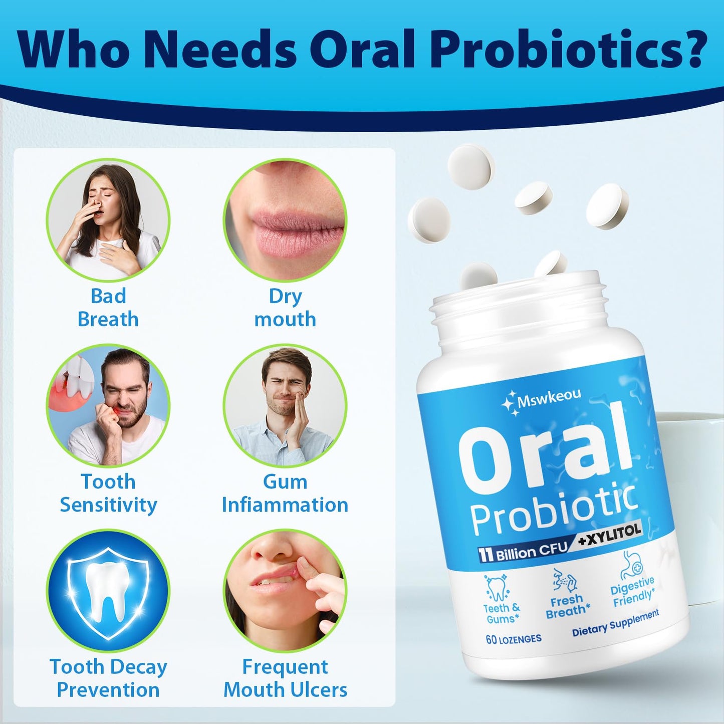 Oral Probiotics for Mouth Bad Breath for Adults 11 Billion CFU, Best Breath Oral Dental Probiotics for Teeth & Gums, Dry Mouth, Gum Restore, Fresh Breath, Chronic Halitosis & Gut Health, 60 Lozenges