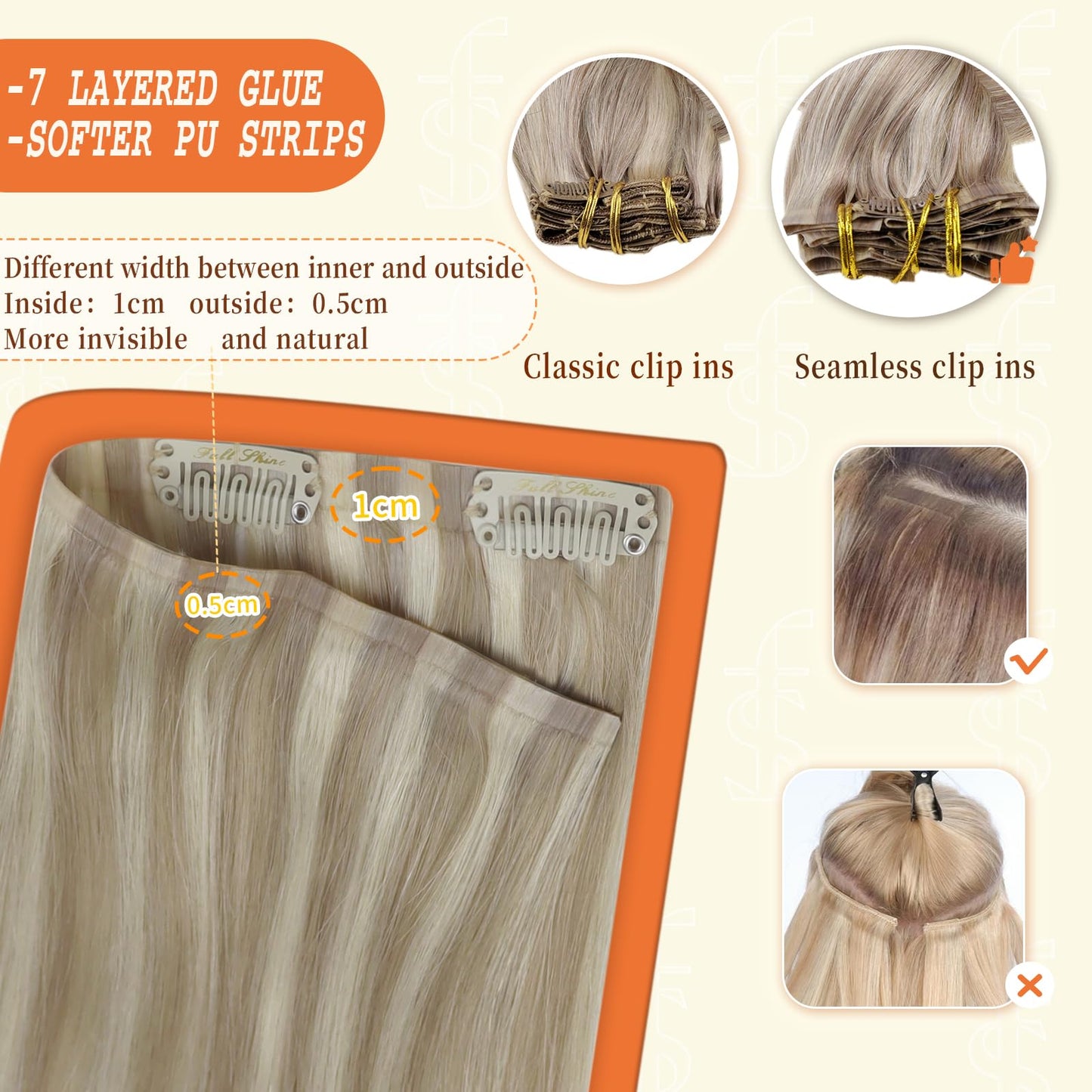 Full Shine Hair Extensions Real Human Hair Clip ins Blonde Highlight Seamless Clip in Human Hair Extensions PU Skin Weft Add Volume 18 Inch 8 Pcs 120 Grams