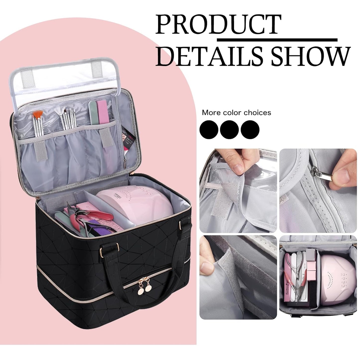 Nail Polish Organizer Bag with Travel Case for 30+ Bottles & Nail Lamp - Purple
