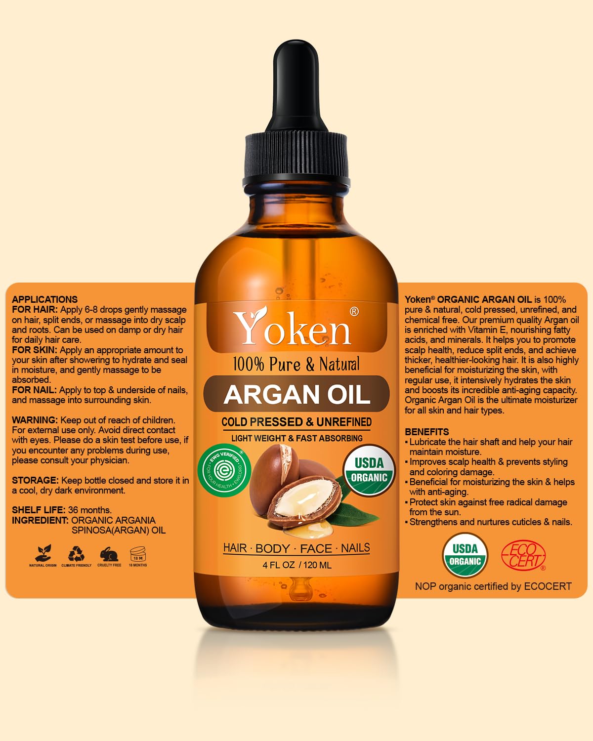 Yoken Organic Argan Oil for Hair 4 Fl Oz, USDA Pure and Natural Morocco Argan Oil, Argon Oil For Hair, Scalp, Face & Skin Care, 100% Cold Pressed Hair Conditioner, Unrefined Argon Nails Carrier Oil