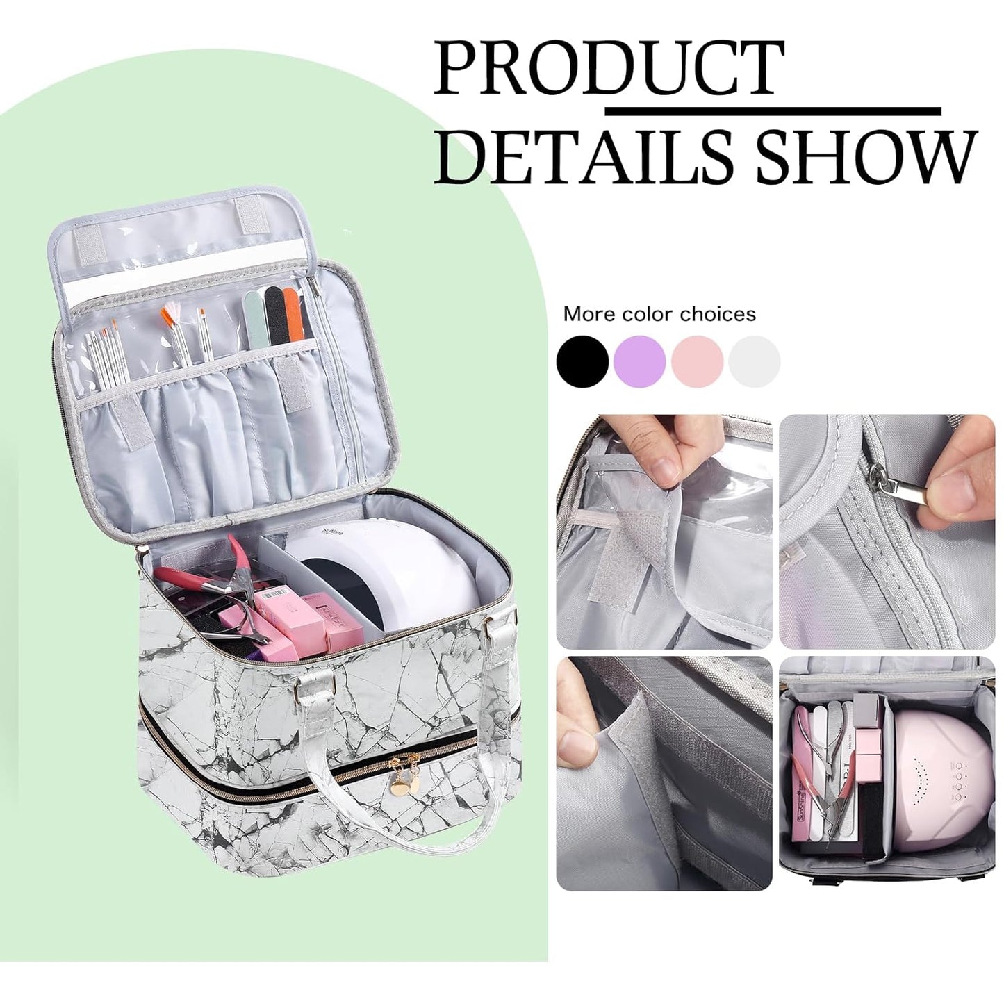 Nail Polish Organizer Bag with Travel Case for 30+ Bottles & Nail Lamp - Purple