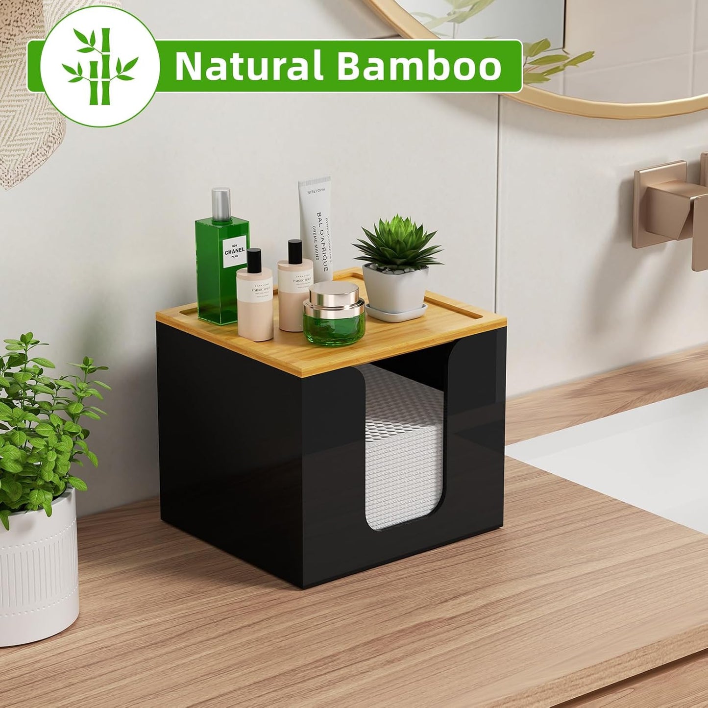 VITVITI Acrylic Face Towel Holder Box - Large Disposable Towel Storage with Bamboo Lid for Bathroom & Vanity