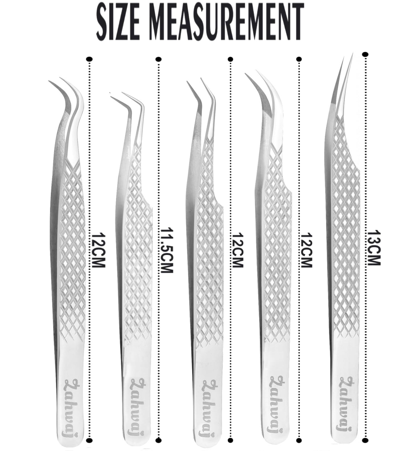 ZAHWAJ Fiber Tip Lash Tweezers - Set of 5 Diamond Grip Eyelash Extension Tweezers, Japanese Stainless Steel Tweezers Set for Volume, Isolation & Classic Lashes (Silver)