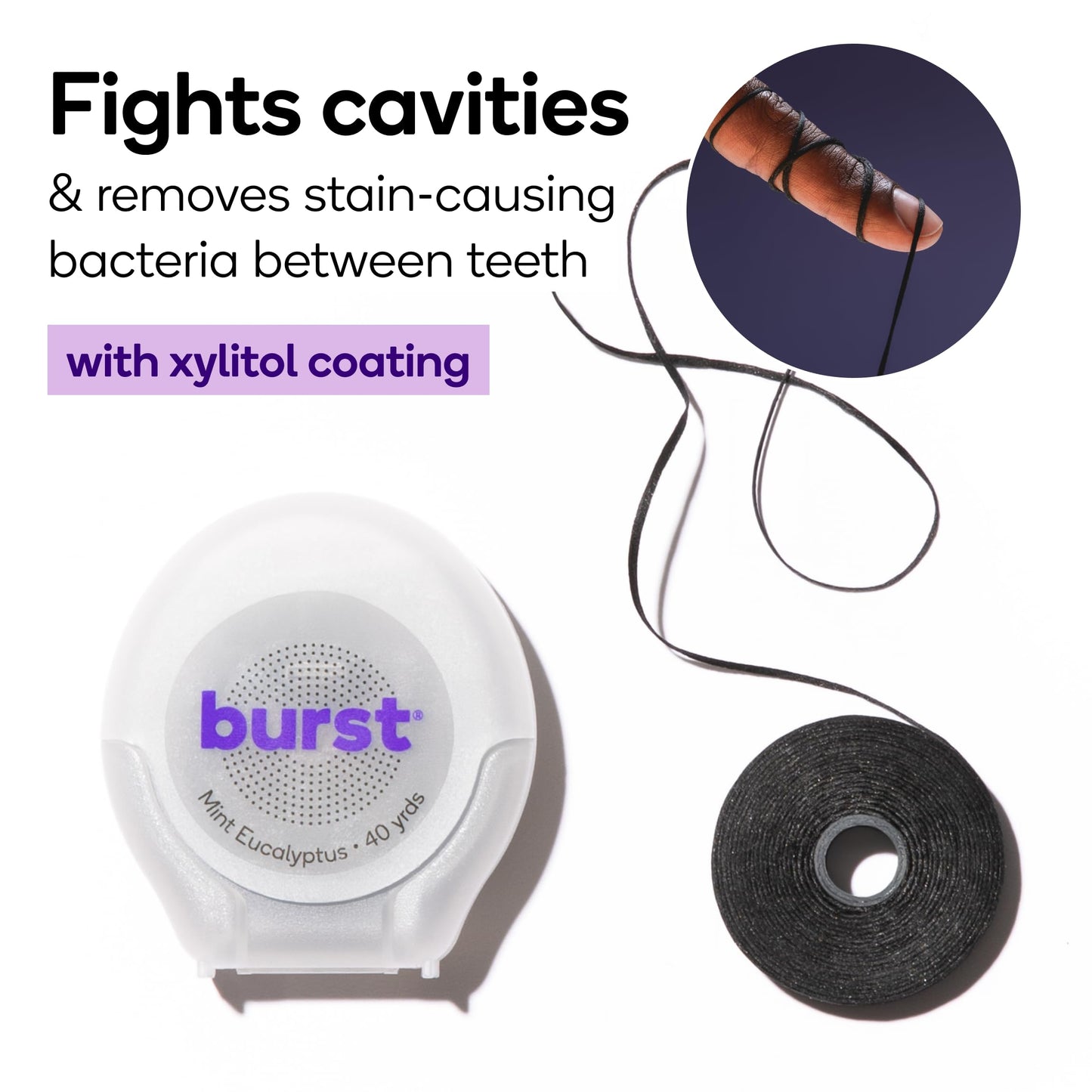 BURST Expanding Dental Floss (Mint Eucalyptus/40 Yards) | Stain Absorbing & Woven with Xylitol Coating to Fight Cavities | Vegan | Paraben Free