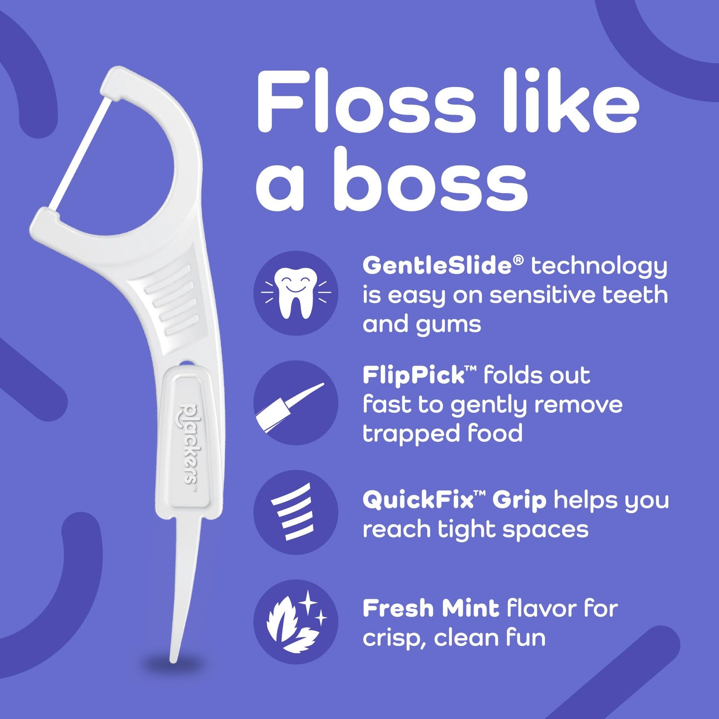 Plackers Gentle Line Floss Picks, Fresh Mint Flavor, Fold-Out FlipPick, QuickFix Grip, Easy Storage with Sure-Zip Seal, 150 Count