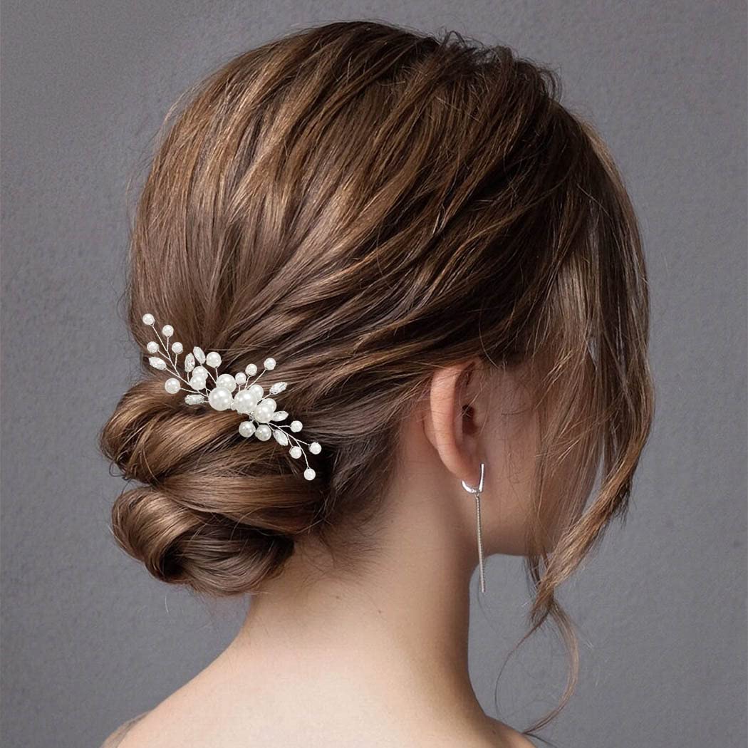 Latious Wedding Bride Pearl Hair Side Comb Silver Rhinestone Bridal Hair Clips Crystal Hair Pieces Hair Accessories for Women and Girls (Silver)