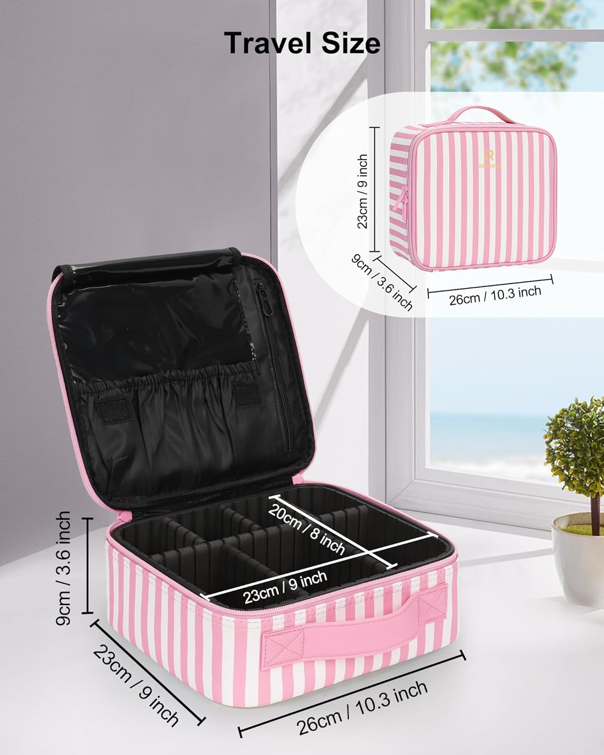 Relavel Portable Travel Makeup Case Organizer with Adjustable Dividers - Black Cosmetic Storage for Brushes, Toiletries & Jewelry