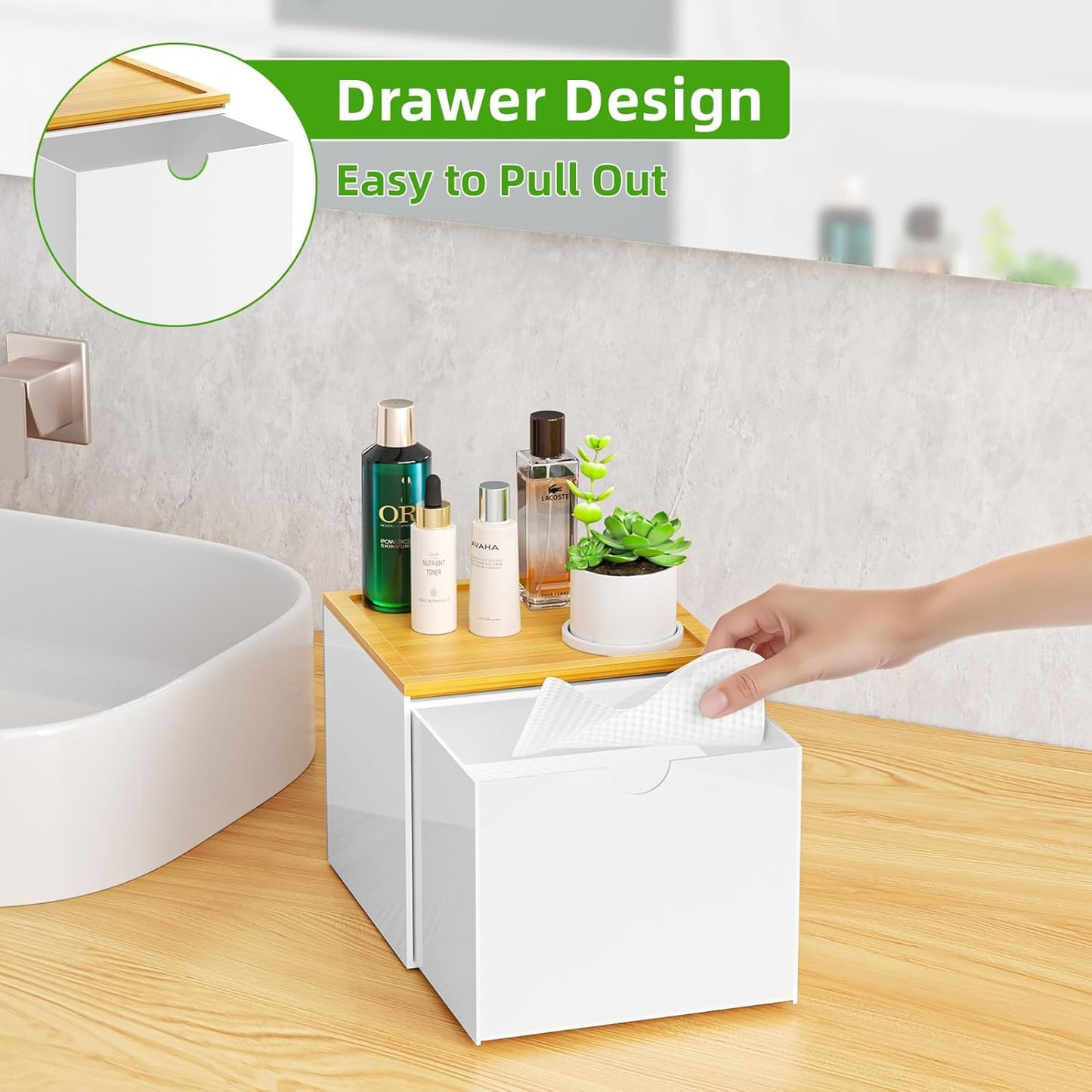 VITVITI Acrylic Face Towel Holder Box - Large Disposable Towel Storage with Bamboo Lid for Bathroom & Vanity