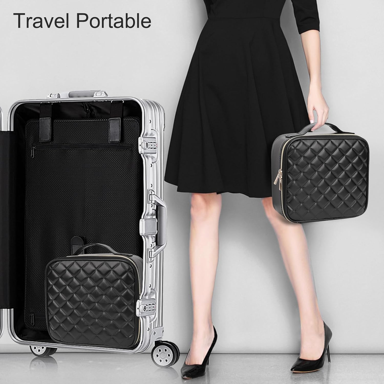 Relavel Portable Travel Makeup Case Organizer with Adjustable Dividers - Black Cosmetic Storage for Brushes, Toiletries & Jewelry