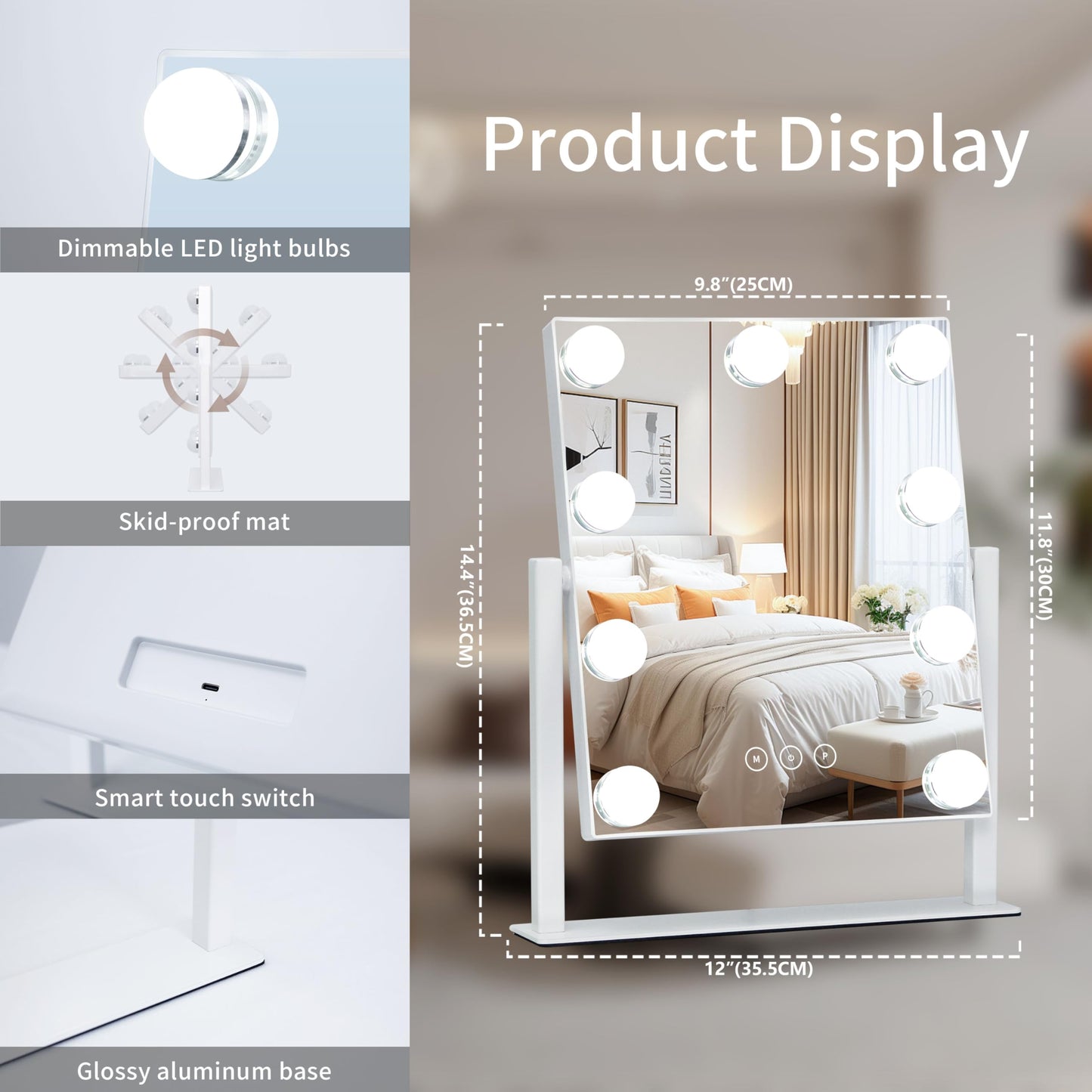 Kotdning Vanity Mirror with Lights,Lighted Vanity Mirror with 9 Dimmable Bulbs for Dressing Room & Bedroom,3 Color Lighting,Modes Detachable 10x Magnification 360°Ratation(White) 12" L x 14.4" W