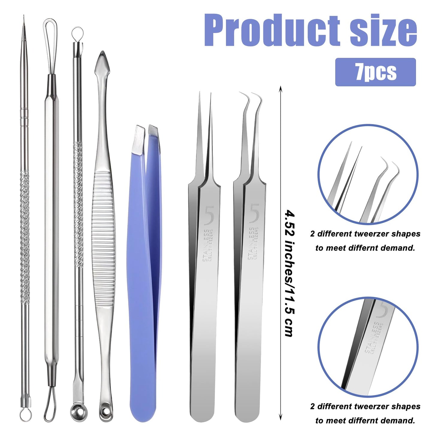 Wanmu 7Pcs Blackhead Remover Tool Comedone Extractor, Stainless Steel Acne Removal Kit, Pimple Popper Tool with Case for Nose Face Skin, Blemish, Whitehead Popping, Zit Removing