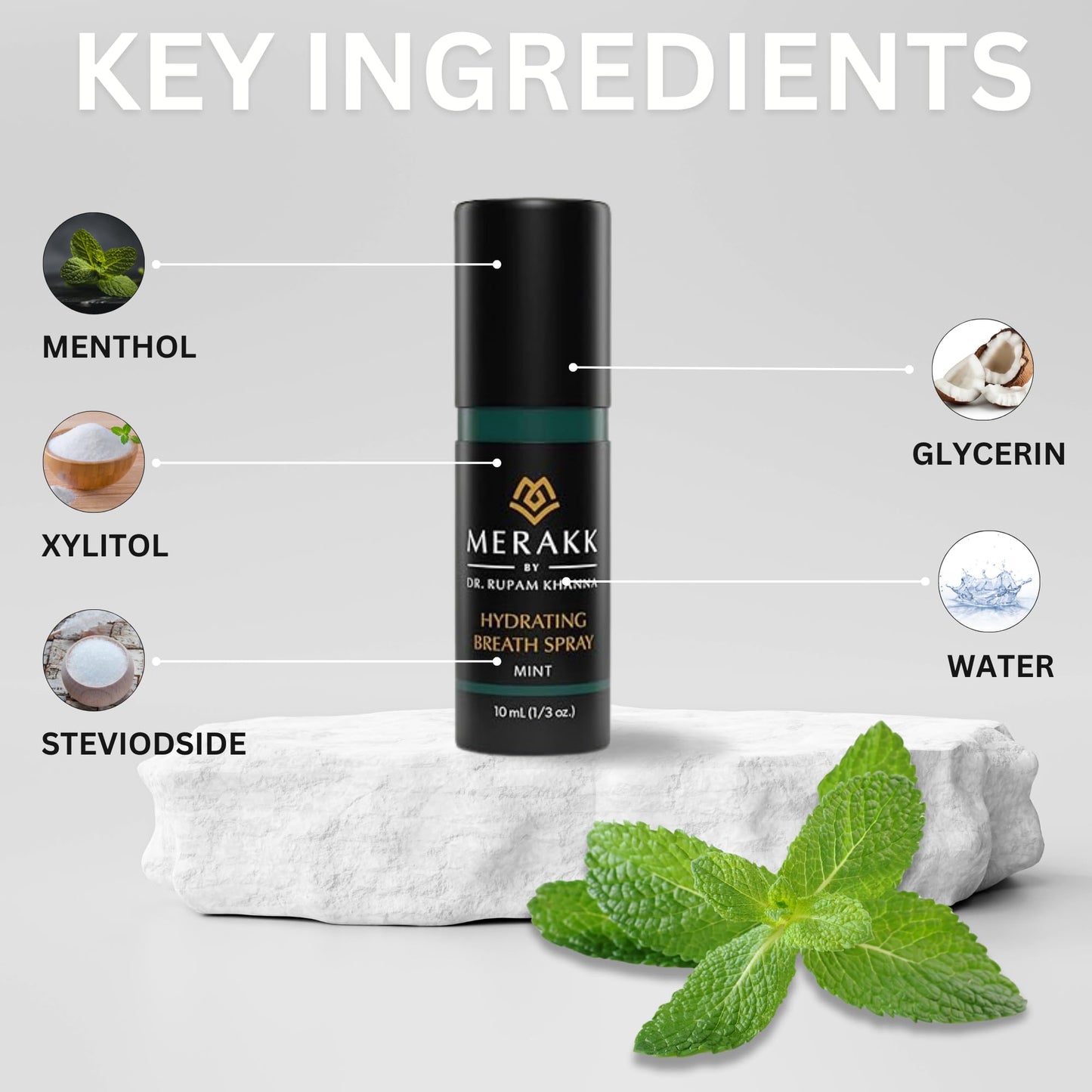 Merakk Dry Mouth Spray Hydrating Fresh Breath Spray (Mint) - Sugar-Free Breath Freshener | Bad Breath Spray W/Xylitol, Stevioside, Menthol - Dentist-Designed- 0.3 fl oz