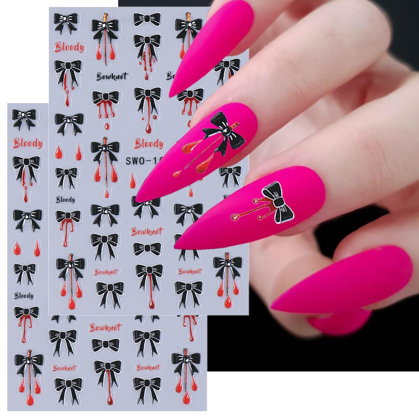 4 Sheets Halloween Nail Stickers for Nail Art Black Bow Spider Web Nail Decals with Crystal Diamond Designs Bloody Bows Nail Art Stickers 5D Self-Adhesive Halloween Nail Decoration for Women