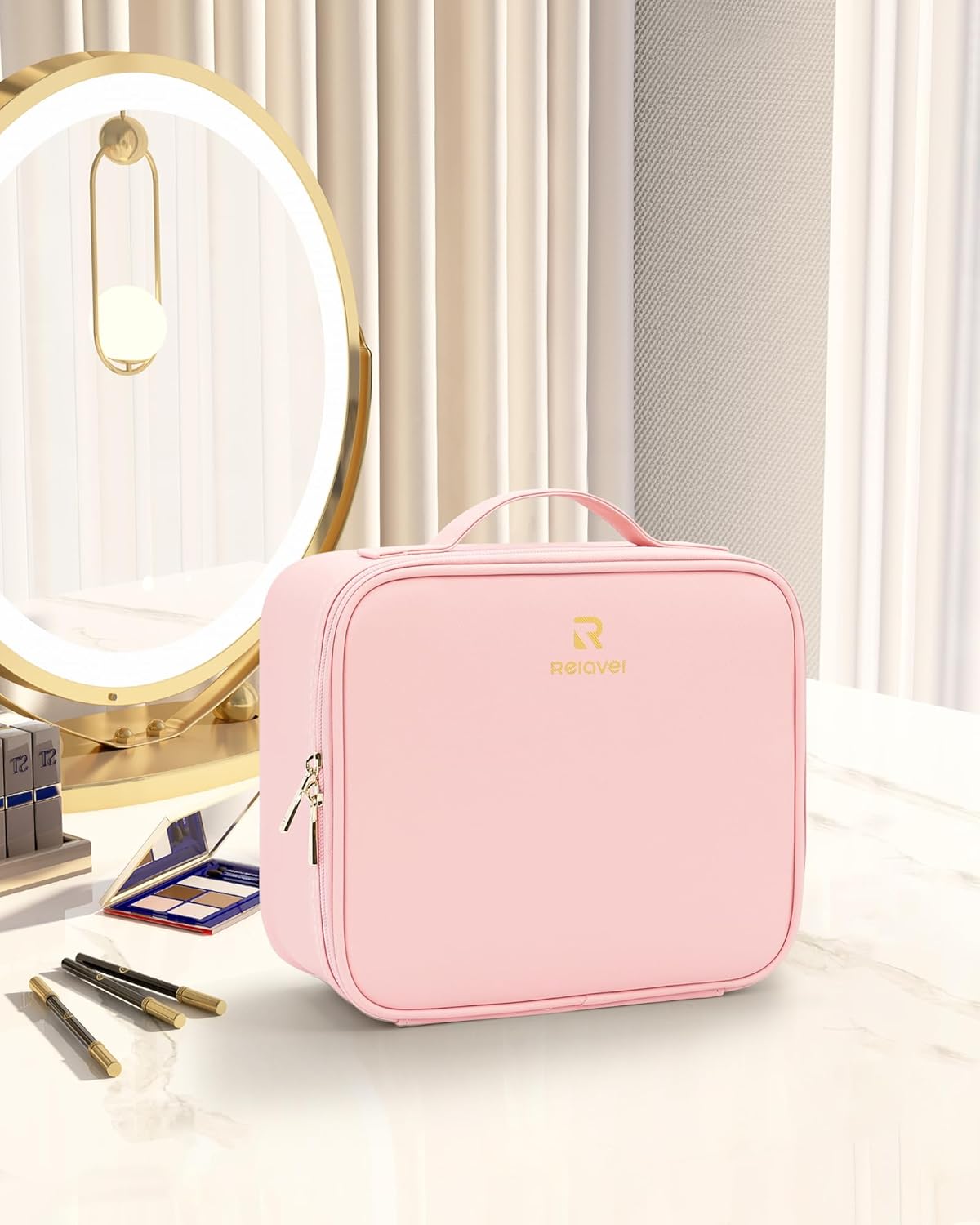 Relavel Portable Travel Makeup Case Organizer with Adjustable Dividers - Black Cosmetic Storage for Brushes, Toiletries & Jewelry