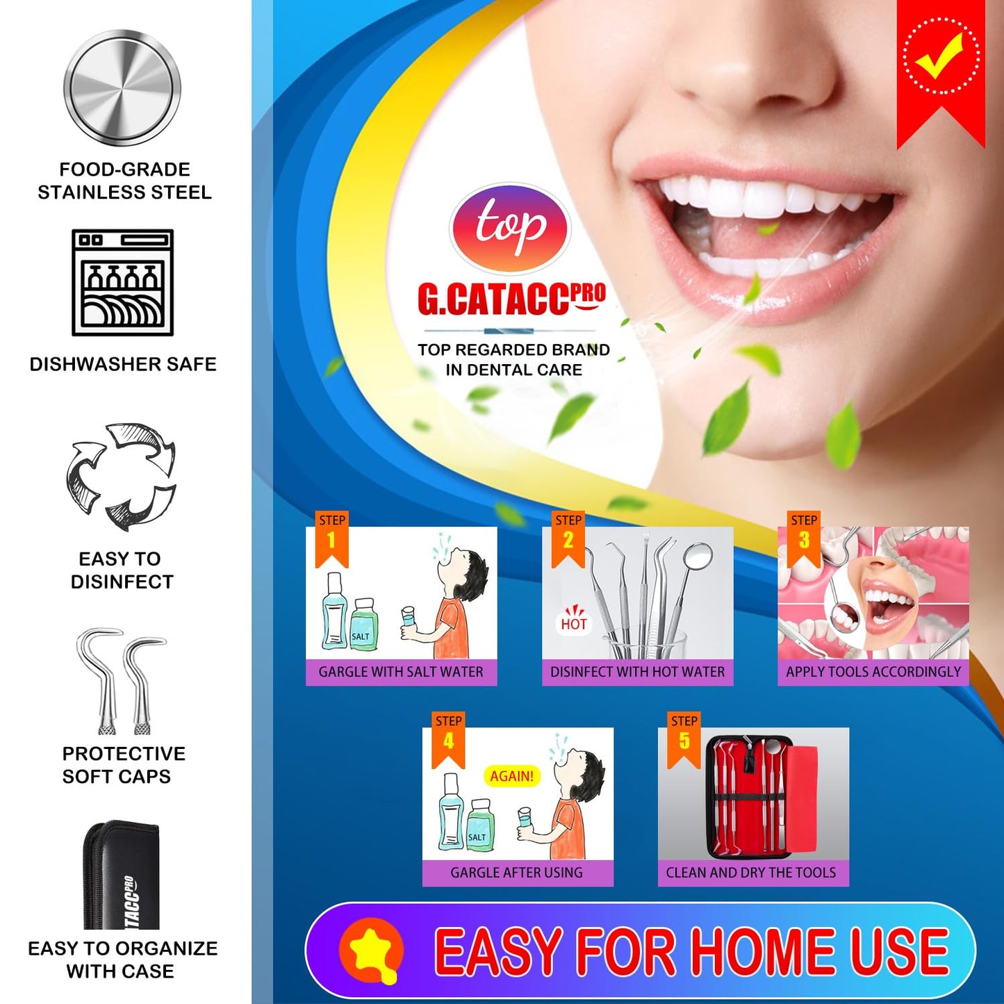 G.CATACC 10 Pack Dental Tools, Professional Plaque Remover for Teeth Cleaning Tools Set, Stainless Steel Hygiene Kit with Dental Pick Tooth Scraper Plaque Tartar Remover Tongue Cleaner - with Case