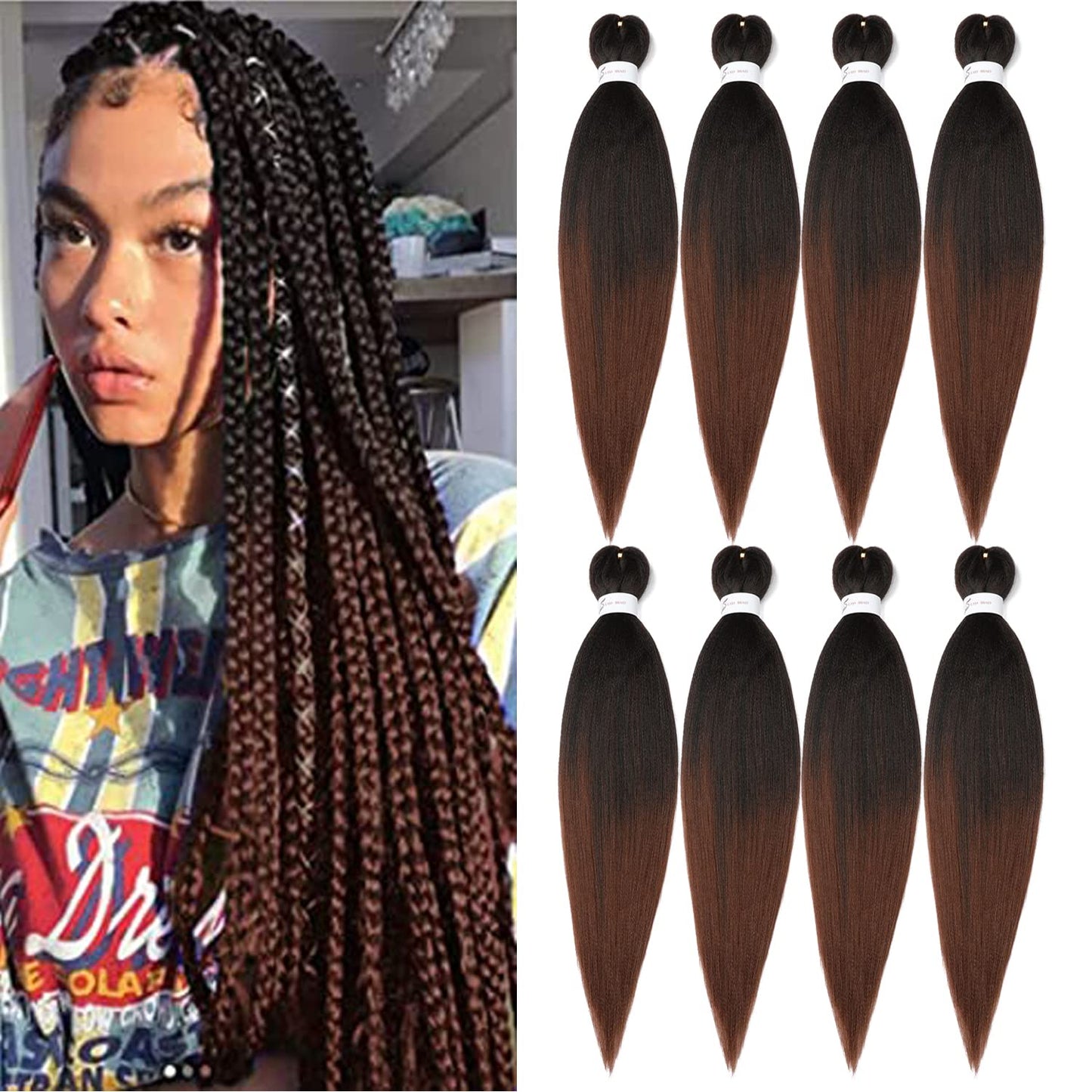8 Packs 20-Inch Ombre Pre-Stretched Braiding Hair - Soft Yaki Texture Extensions