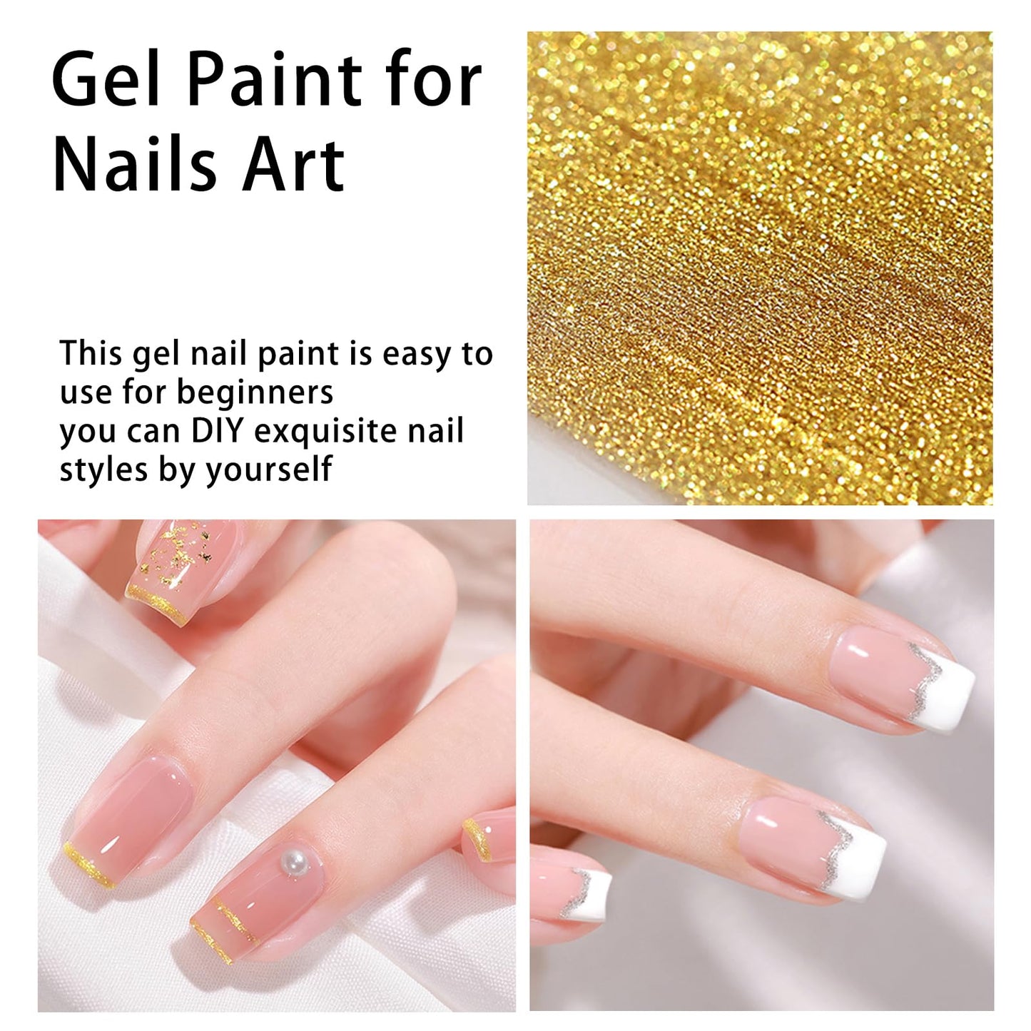 4 Colors Gel Paint for Nails Art Set, White Black Gold Silver Painting Gel for Nail Art Gel Polish Design UV LED for DIY & Nail Salon