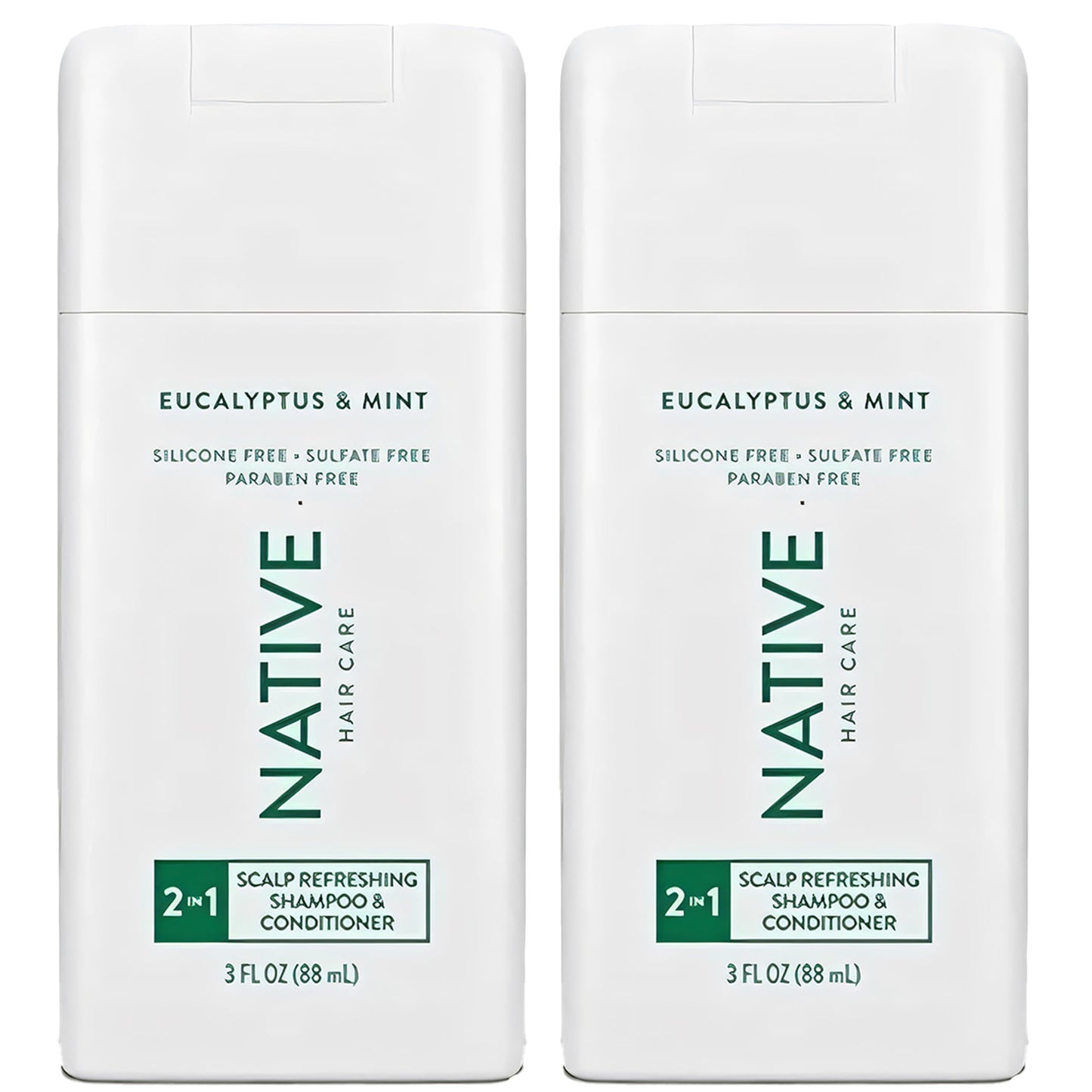 Native 2 in 1 Shampoo and Conditioner, 2 Pack Travel Size Shampoo and Conditioner for Men and Women with Naturally Derived Plant Based Ingredients, Eucalyptus and Mint Scent, 3 oz. Each