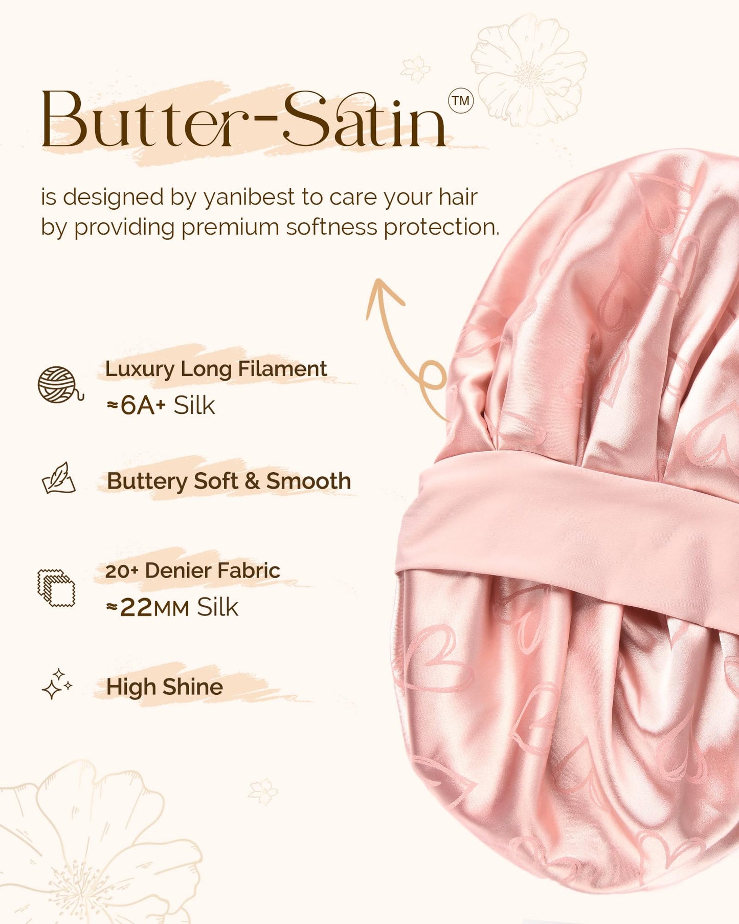 YANIBEST Adjustable Satin Bonnet for Sleeping, Double Layer Silk Bonnet with Tie Band for Women, Sleep Cap Curly Natural Hair, Pink