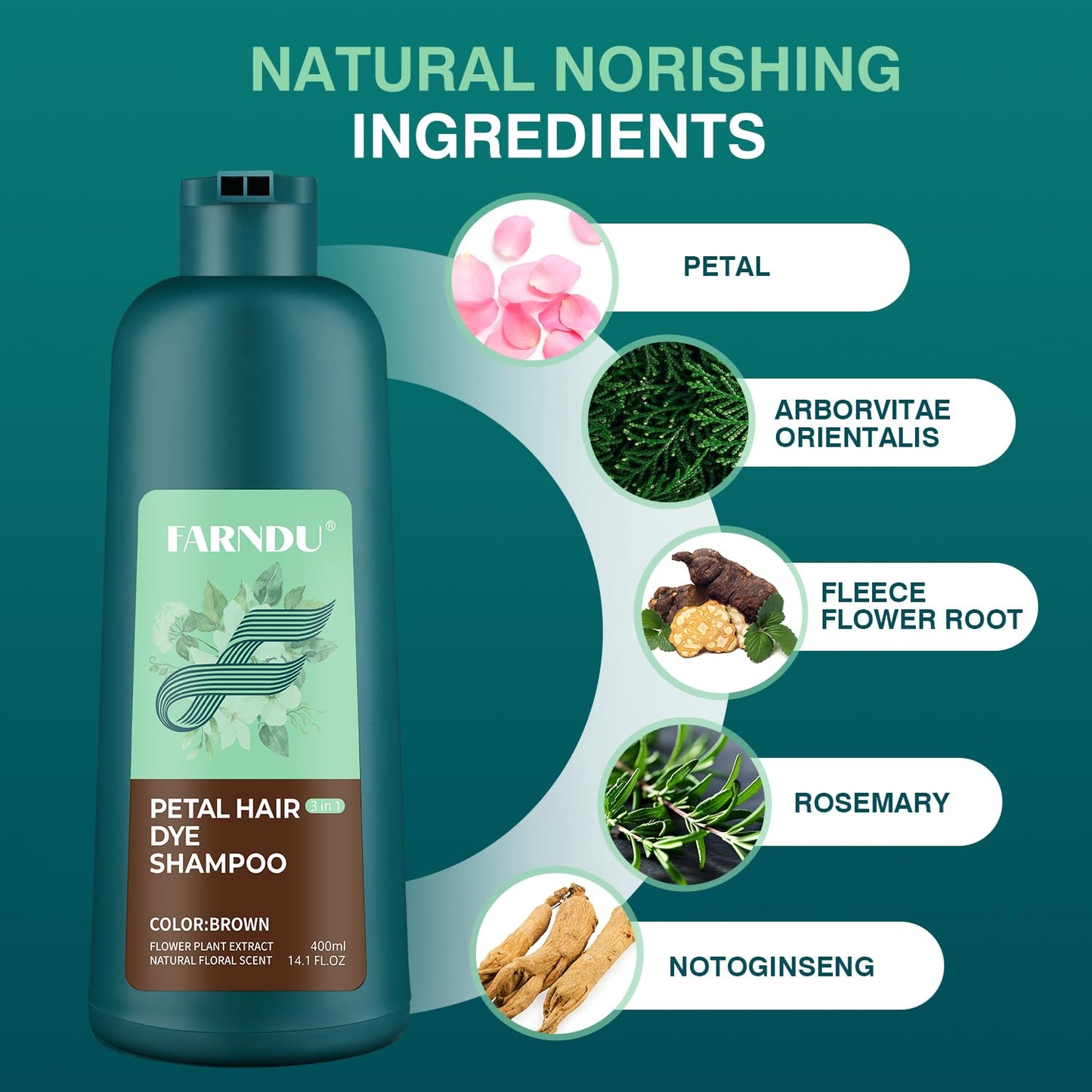 Farndu Hair Dye Shampoo for Women Men, Brown Hair Color Shampoo for Gray Hair Coverage 3 In 1 Champu Para Canas Mujer