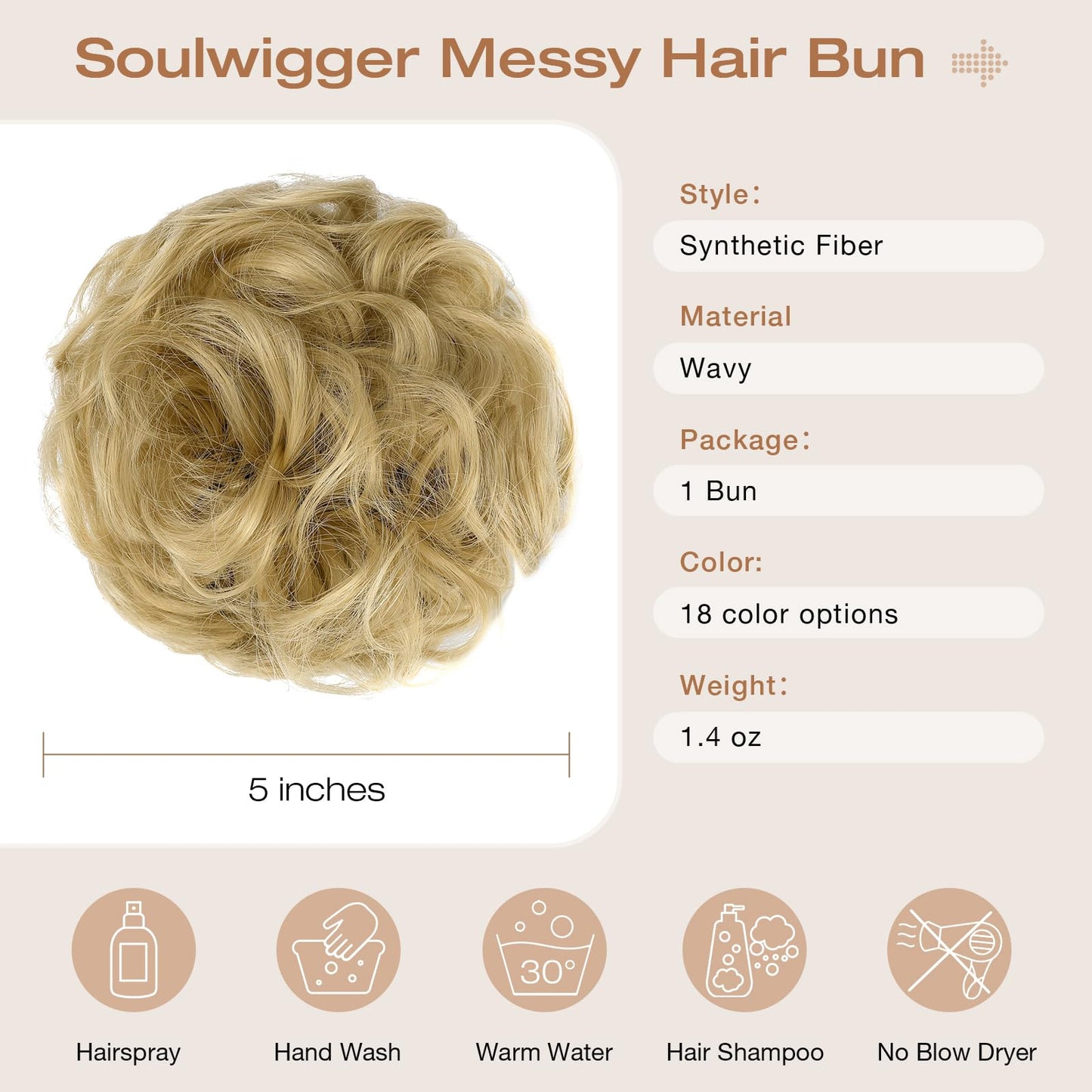 Soulwigger Messy Bun Hair Piece Wavy Curly Scrunchies Fluffy Donut Thick Updo Elegant Chignon Hairpieces for Women Girls, Ash Blonde 1.4oz