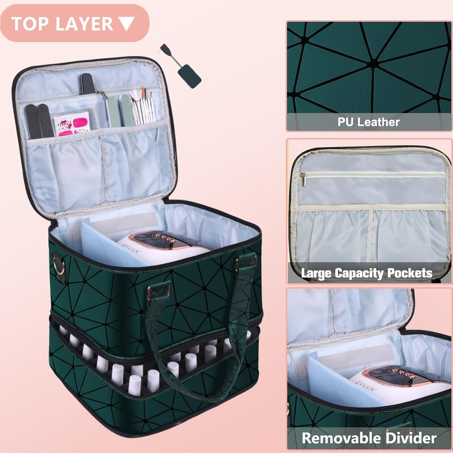 Nail Polish Organizer Bag with Travel Case for 30+ Bottles & Nail Lamp - Purple