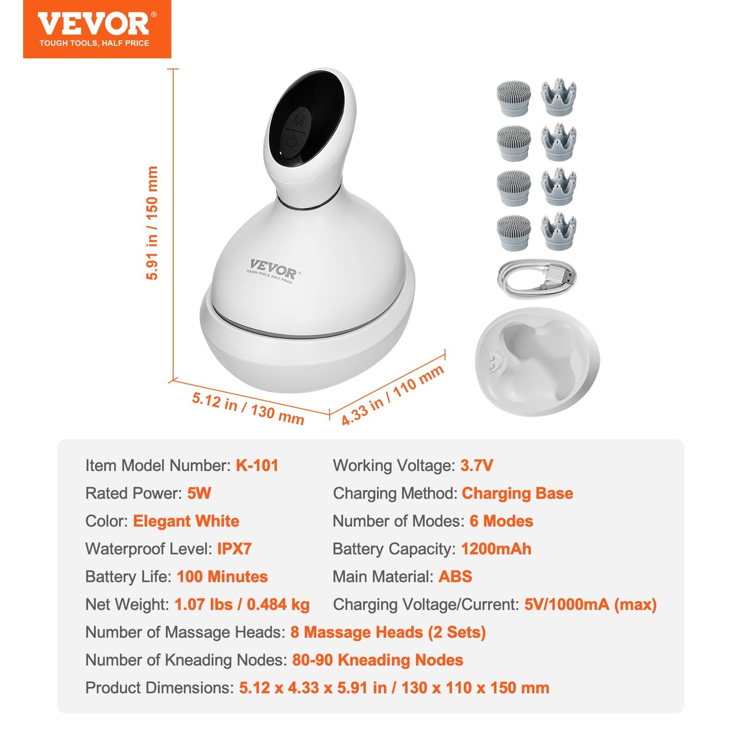 VEVOR Electric Cordless Hair Scalp Massager with Kneading 484 Massage Nodes, Handheld Portable Head Scratcher Massager for Deep Clean and Stress Relax, Gifts for Men Dad