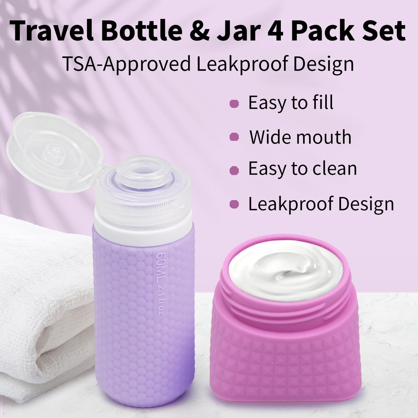 Travel Size Jars Cream Containers for Creams Makeup Leak Proof 4 Pcs 1.7oz 50ml+ 2oz 60ml Liquid TSA Approved Lotion Bottle Small 1Pc Refill Toiletries Kit with Skincare Cosmetic Bag Women - Diamond