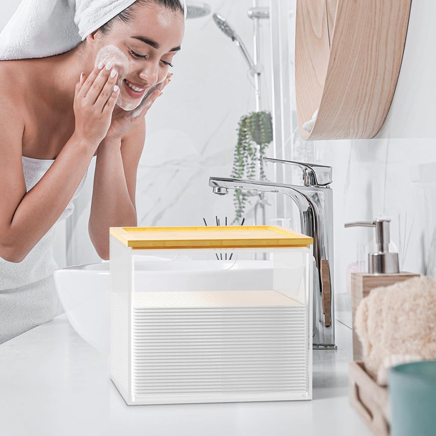VITVITI Acrylic Face Towel Holder Box - Large Disposable Towel Storage with Bamboo Lid for Bathroom & Vanity