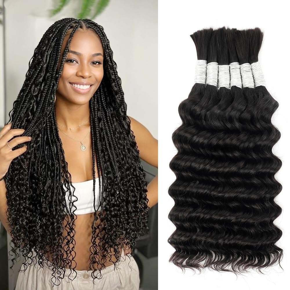 Human Braiding Hair for Boho Braids Deep Wave Bundles Human Hair 150g 6 Bundles/Pack 14 Inch Bulk Boho Hair for Braiding 12A Brazilian Curly Boho Braids Human Hair Braiding Hair Natural Color