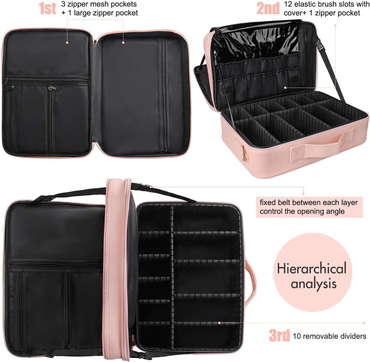 Relavel Portable Travel Makeup Case Organizer with Adjustable Dividers - Black Cosmetic Storage for Brushes, Toiletries & Jewelry