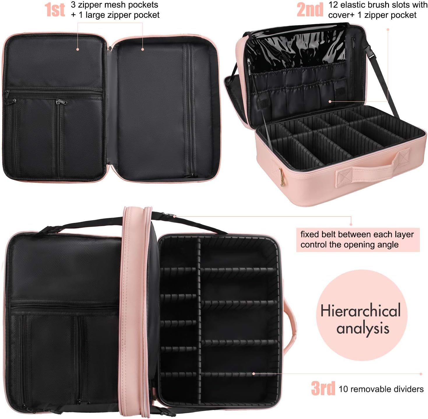 Relavel Portable Travel Makeup Case Organizer with Adjustable Dividers - Black Cosmetic Storage for Brushes, Toiletries & Jewelry