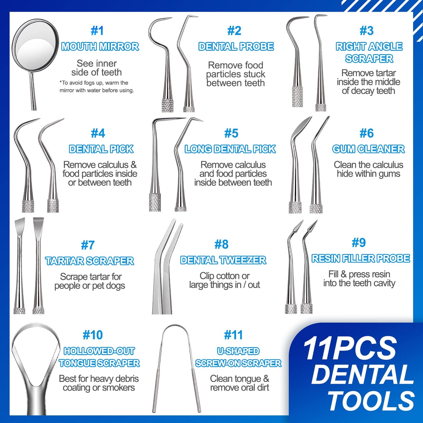 Dental Tools, Sopito 11pcs Teeth Cleaning Tools Stainless Steel Dental Scraper, Scaler Pick Plaque Remover Set