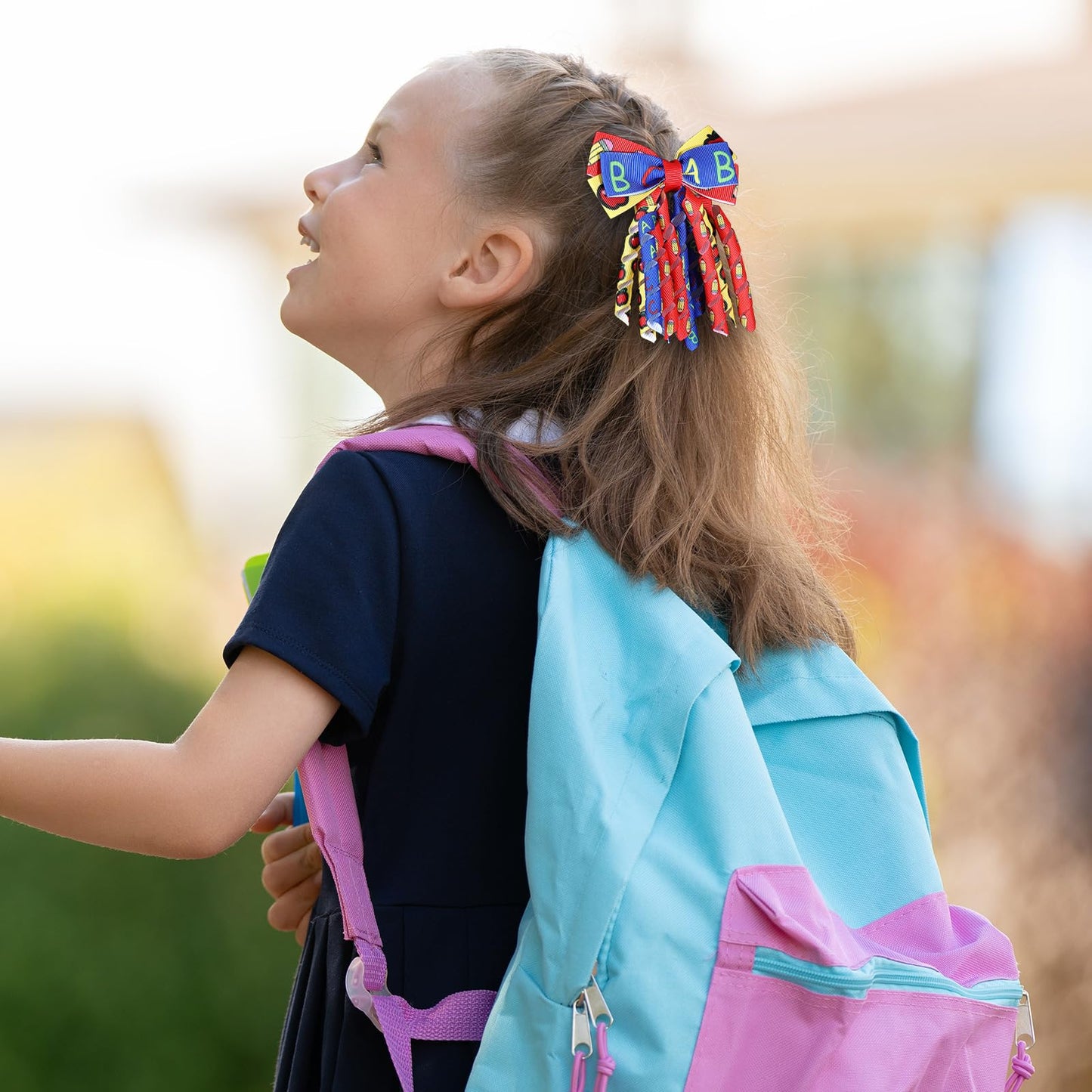 Back to School Hair Bow Clips 3 Inch Handmade Curly Ribbon Hairpins Boutique Lovely School Hair Accessories for Kids Girls, Red&Blue&Yellow