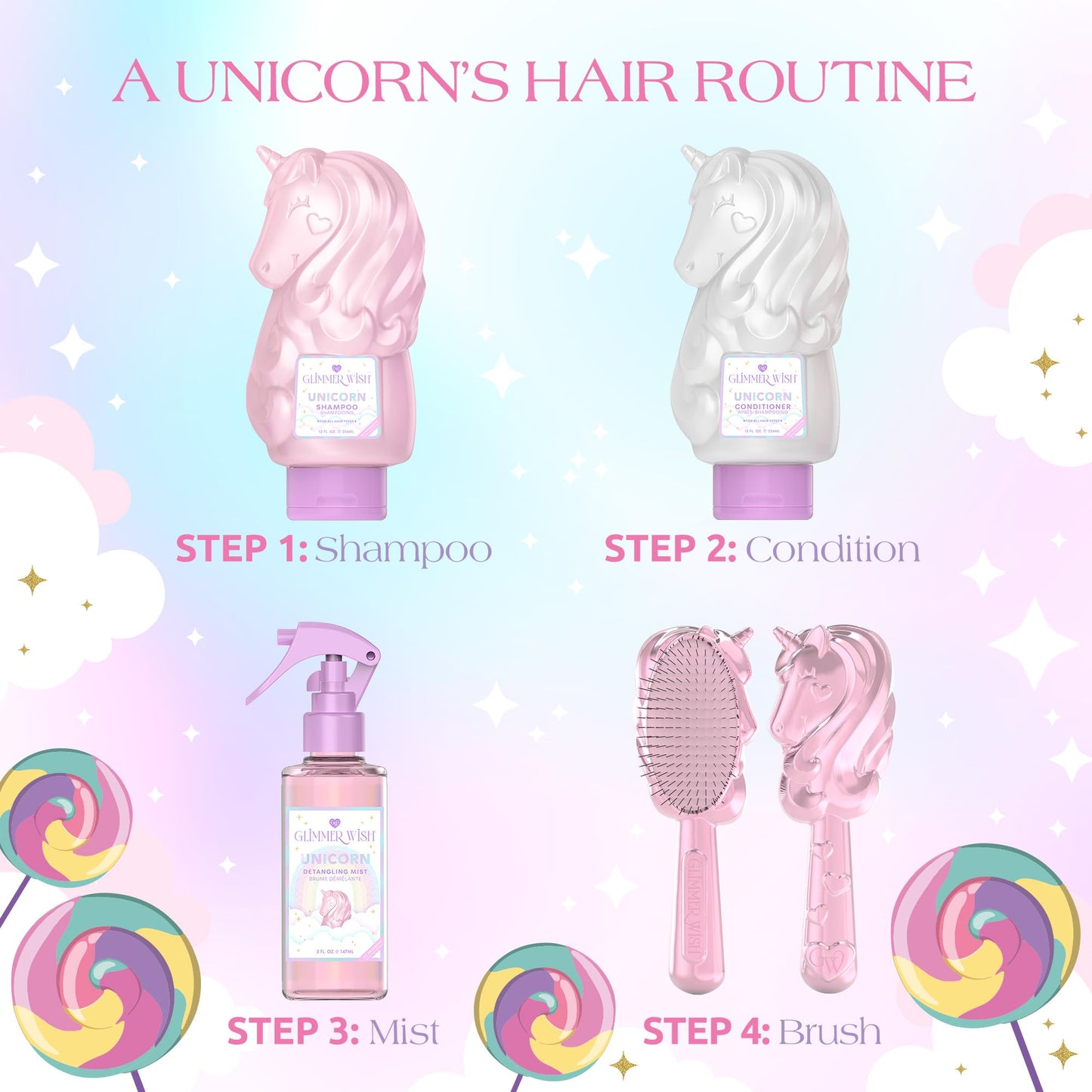 Glimmer Wish Unicorn Hair Detangler Spray – Leave-In Conditioner for Kids & Women, Tangle-Free Detangling Mist, 5 fl oz