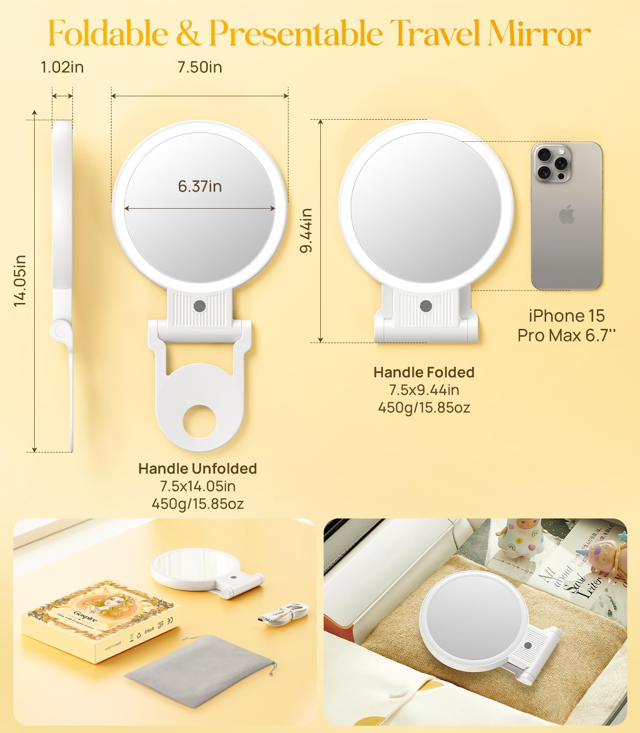 7.5” Lighted Makeup Mirror with 1X/10X Magnification - Rechargeable LED, 3 Color Modes, Adjustable Handle for Travel & Desk Use - White