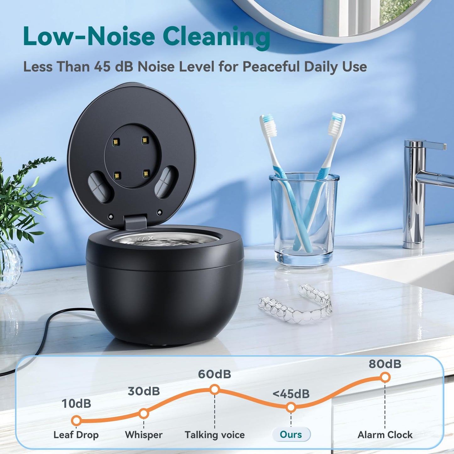 Dental Ultrasonic Retainer Cleaner Machine: 45kHz Dental Cleaning Pod for Denture, Mouth Guard, Night Guard, Aligner, Braces, Toothbrush Head & Jewelry, UV Cleaner with Digital Timer & 4 Modes, Black