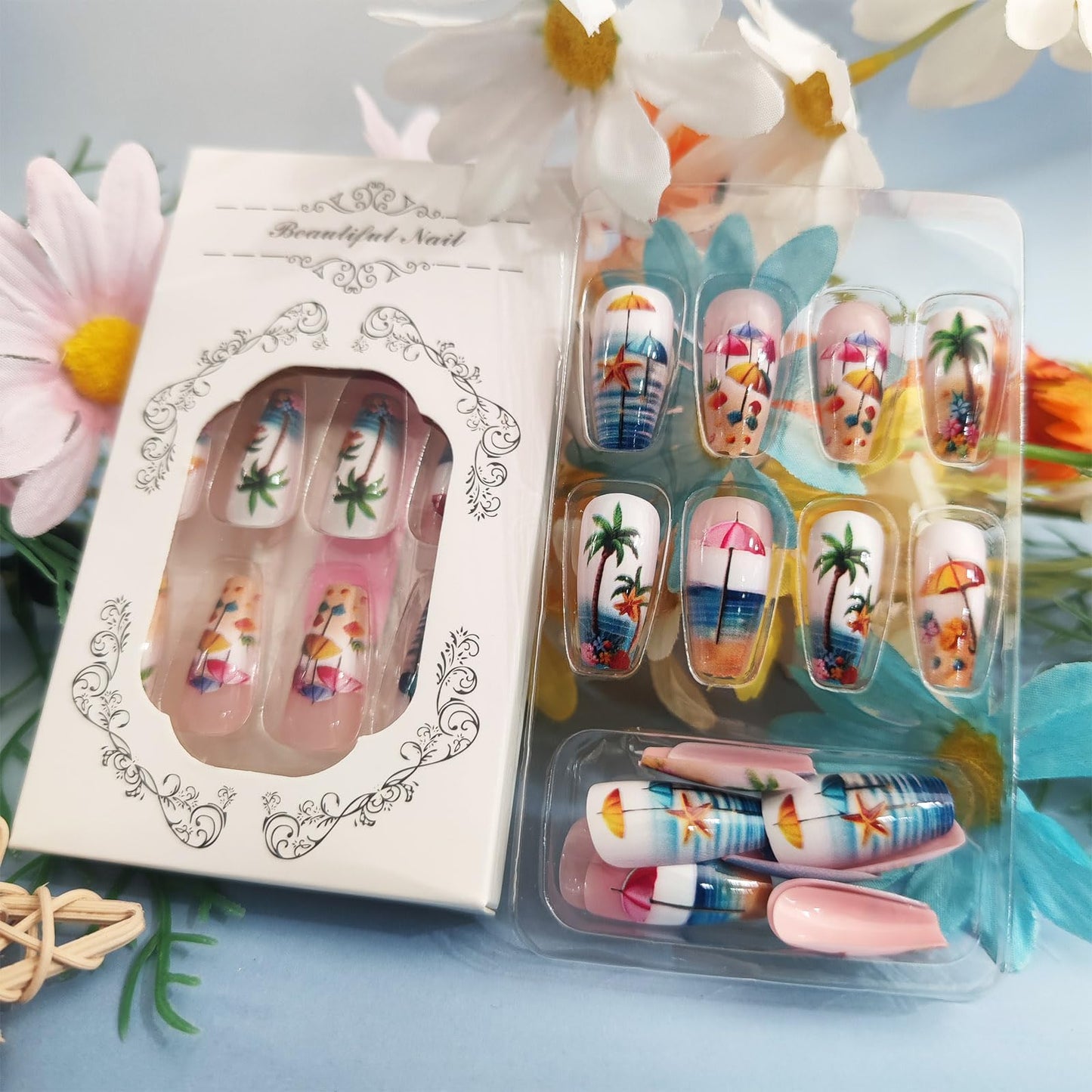 Summer Beach Press on Nails Sea Stars Stick on Nail Ocean Acrylic Full Cover Fake Nails 24Pcs Glossy Colorful Medium Coffin False Nail Coconut Tree Gel Glue on Fingernails for Holiday Manicure Art