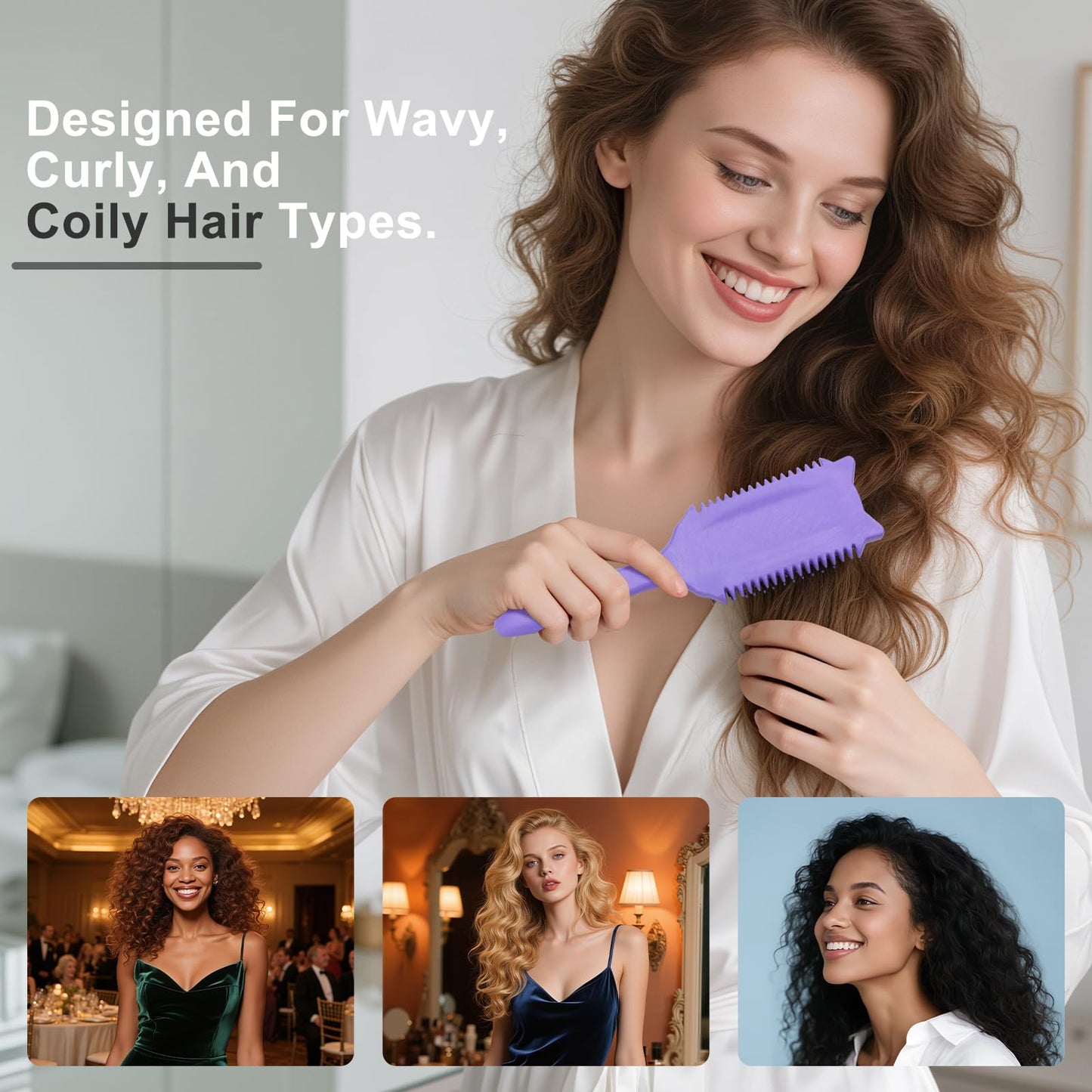 Curl Defining Brush, Curly Hair Brush Defining for Curls Waves & Coils, Volume Styling Women'S Curls, Reduce Pulling Frizz, Funny Cat Ear Designs - Purple