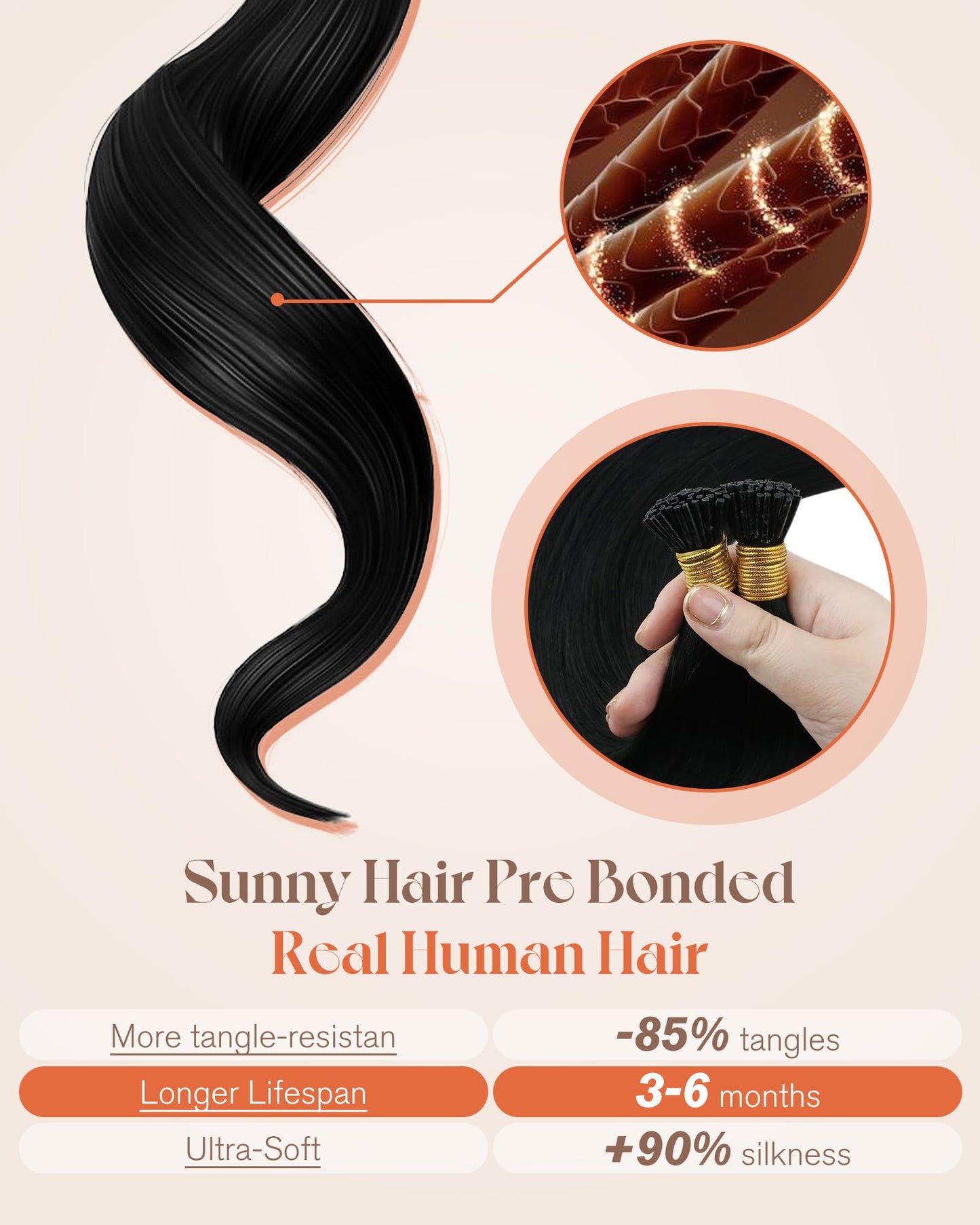 Sunny Hair 22inch I Tip Hair Extensions Human Hair Jet Black Itip Extensions Human Hair Add Length I Tip Hair Extensions for Daily Use Remy Hair for Women 50g