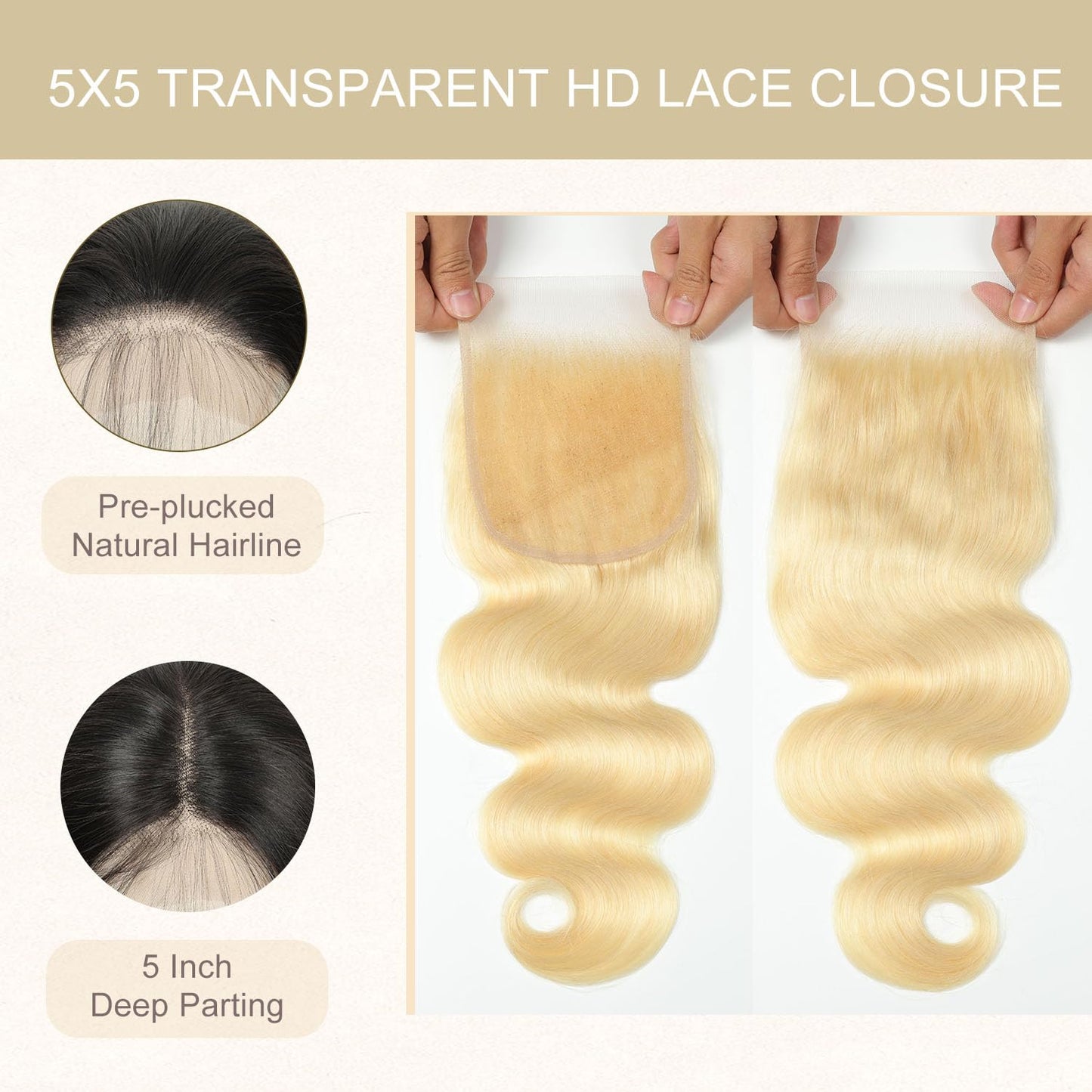 5x5 HD Lace Closure Body Wave Human Hair - Pre-Plucked Natural Hairline (10 Inch, Natural Color)