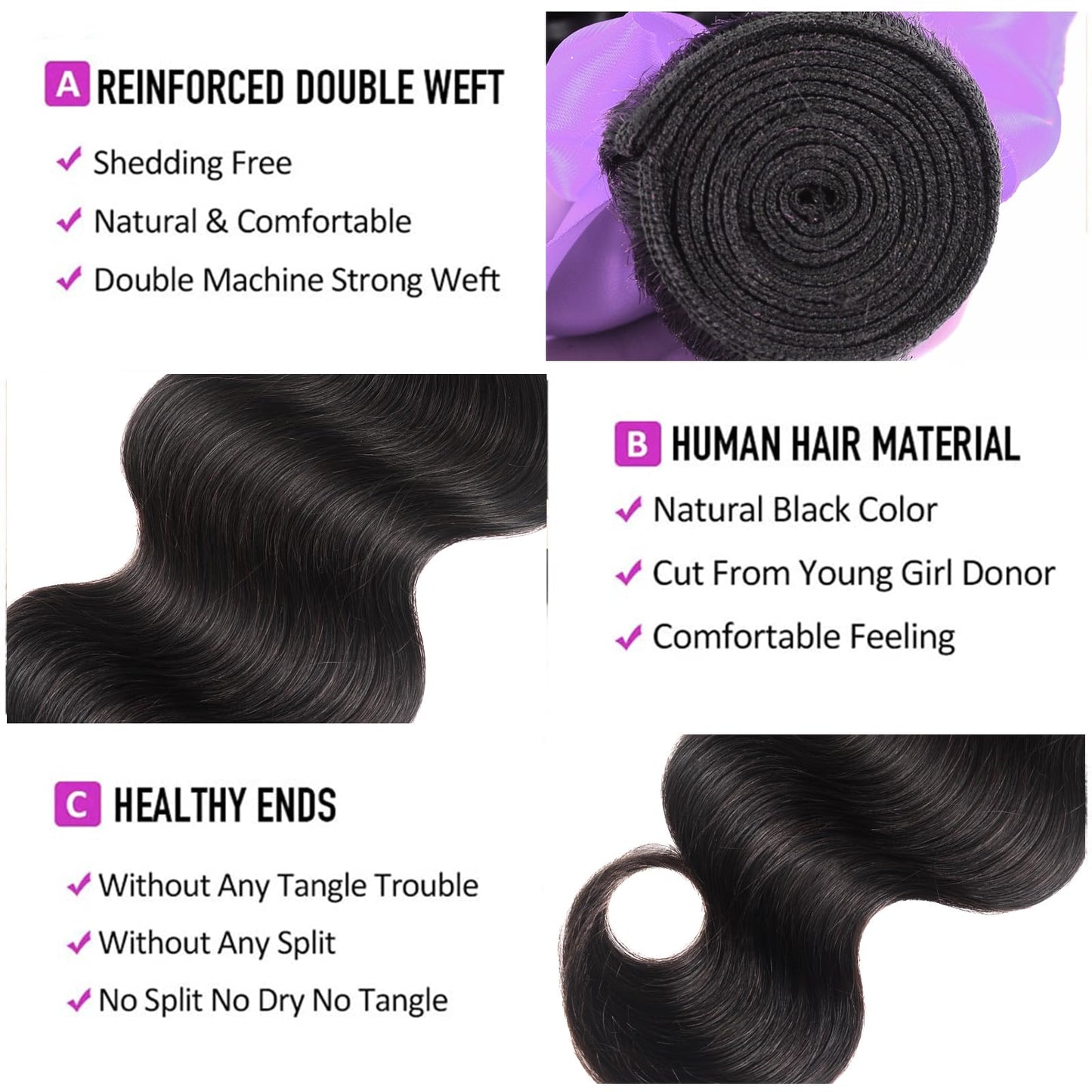 Body Wave Bundles Human Hair 18 20 22 24 Inch 4 Bundles Natural Black Brazilian Virgin Hair Weave 10A Grade 100% Unprocessed Real Human Hair Extensions for Women