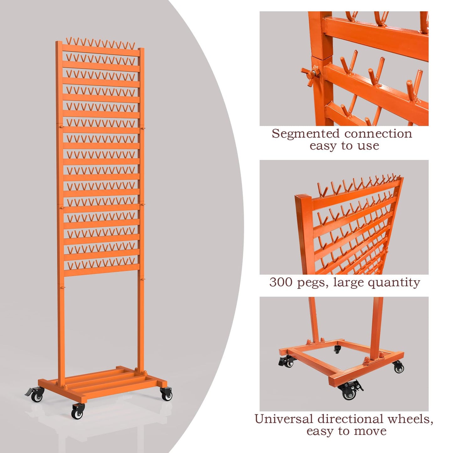 foriy Braiding Hair Rack 300 Pegs Metal Hair Extension Holder 2-Sided Adjustable Hair Braid Tools Hair Separator Stand with Wheels Tangerine Yellow Standing Braid Rack for Hair Stylist