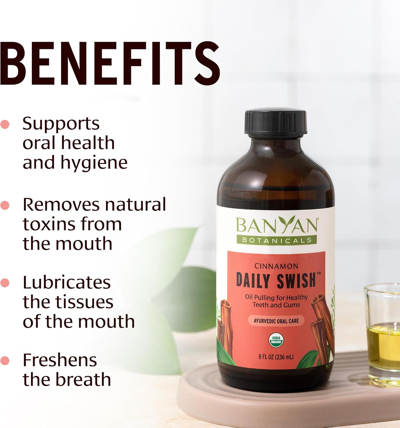 Organic Cinnamon Pulling Oil – Ayurvedic Mouthwash with Coconut Oil for Fresh Breath – 8 oz Vegan