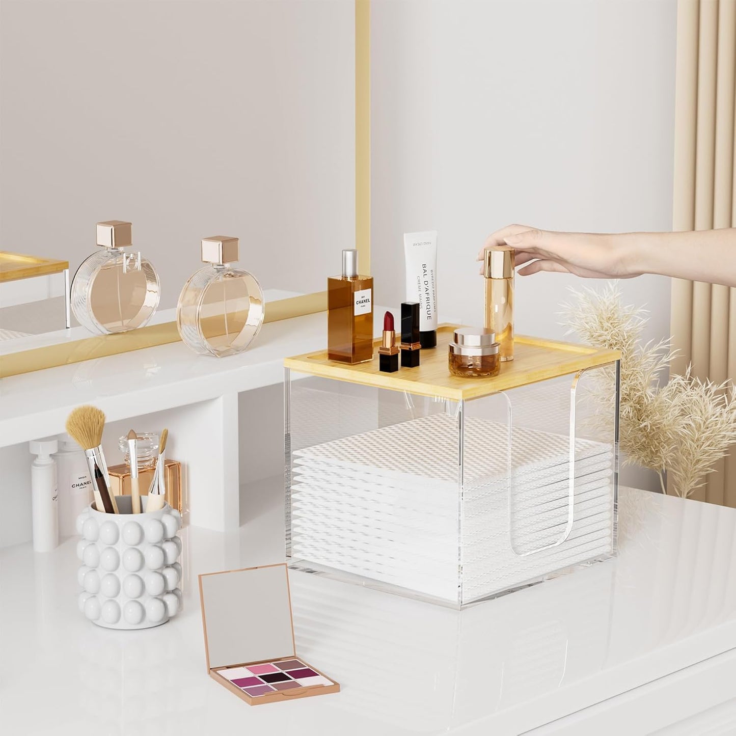 VITVITI Acrylic Face Towel Holder Box - Large Disposable Towel Storage with Bamboo Lid for Bathroom & Vanity