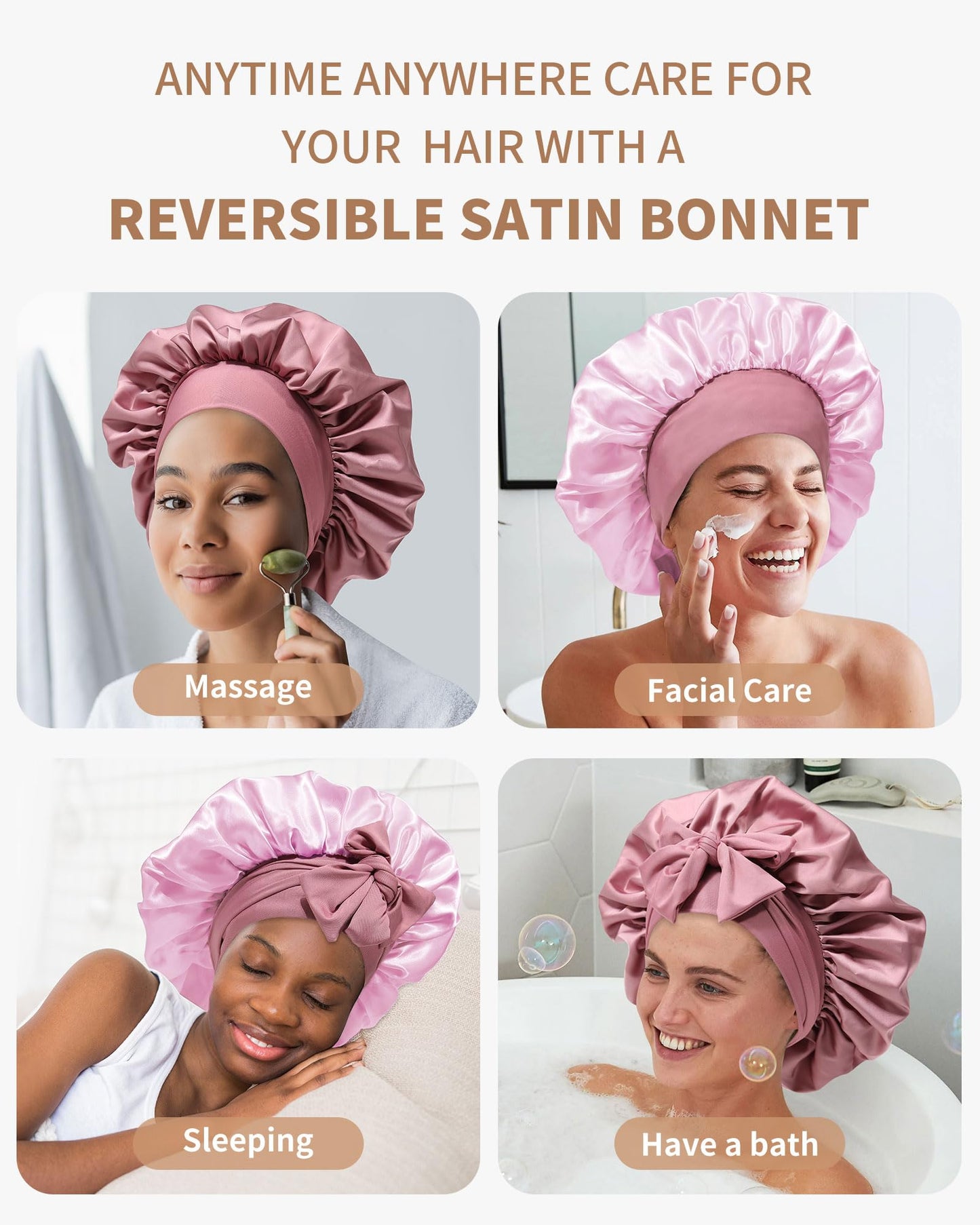 Satin Bonnet for Women Silk Bonnets for Sleeping Curly Hair Bonnet with Elastic Tie Band Reversible Double Layer Sleep Cap Hair Wrap (Bean Paste + Pink)