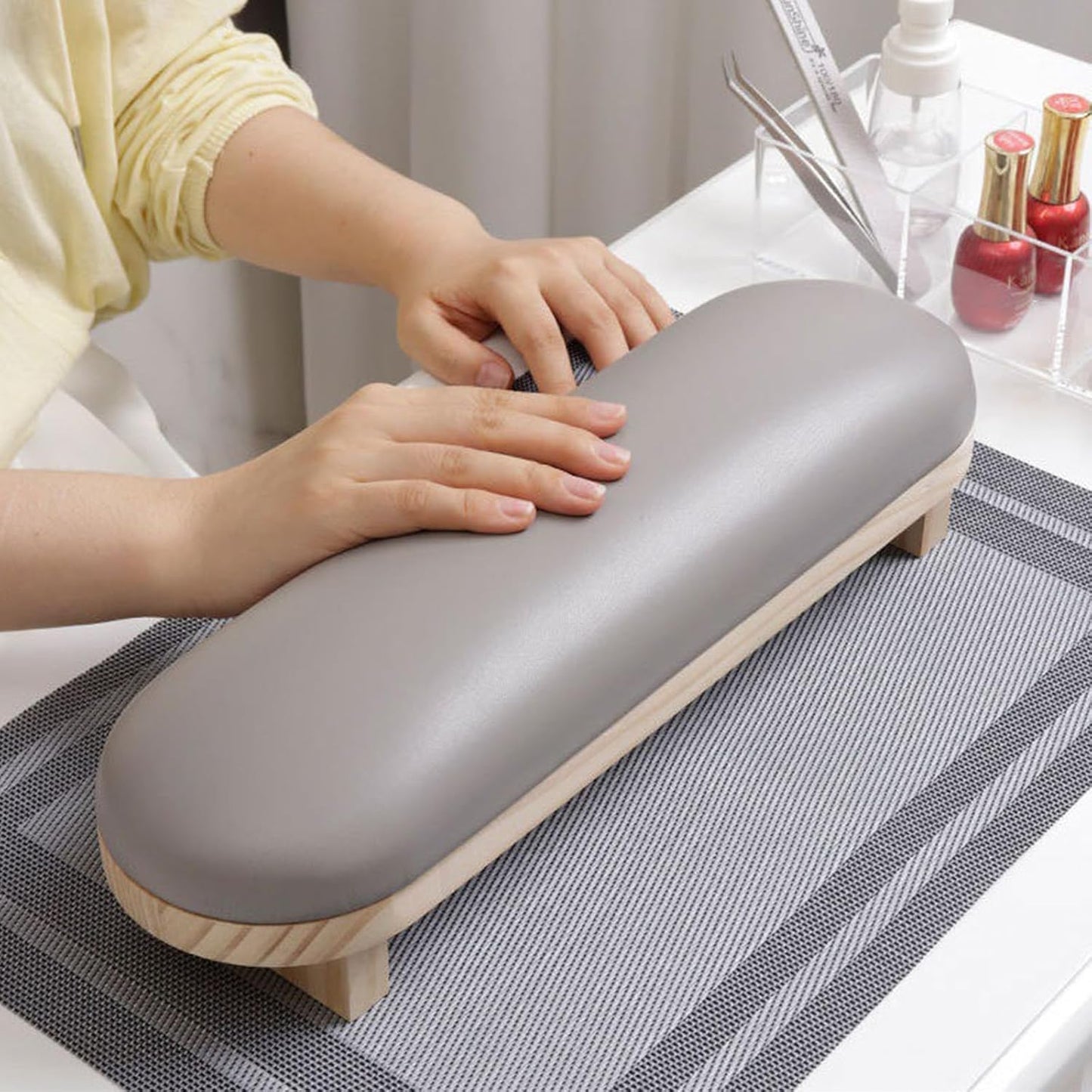 Manicure Hand Rest Pillow - TANG SONG Wooden Nail Stand Cushion for Nail Tables (Cream Yellow)
