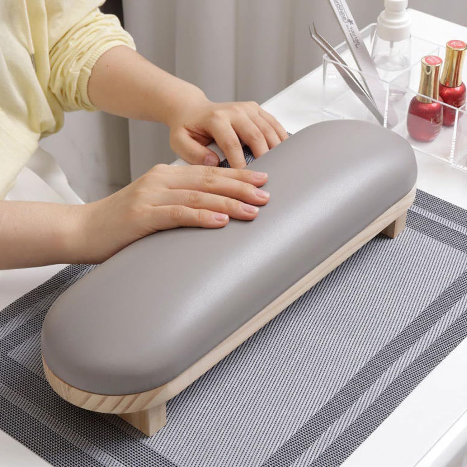 Manicure Hand Rest Pillow - TANG SONG Wooden Nail Stand Cushion for Nail Tables (Cream Yellow)